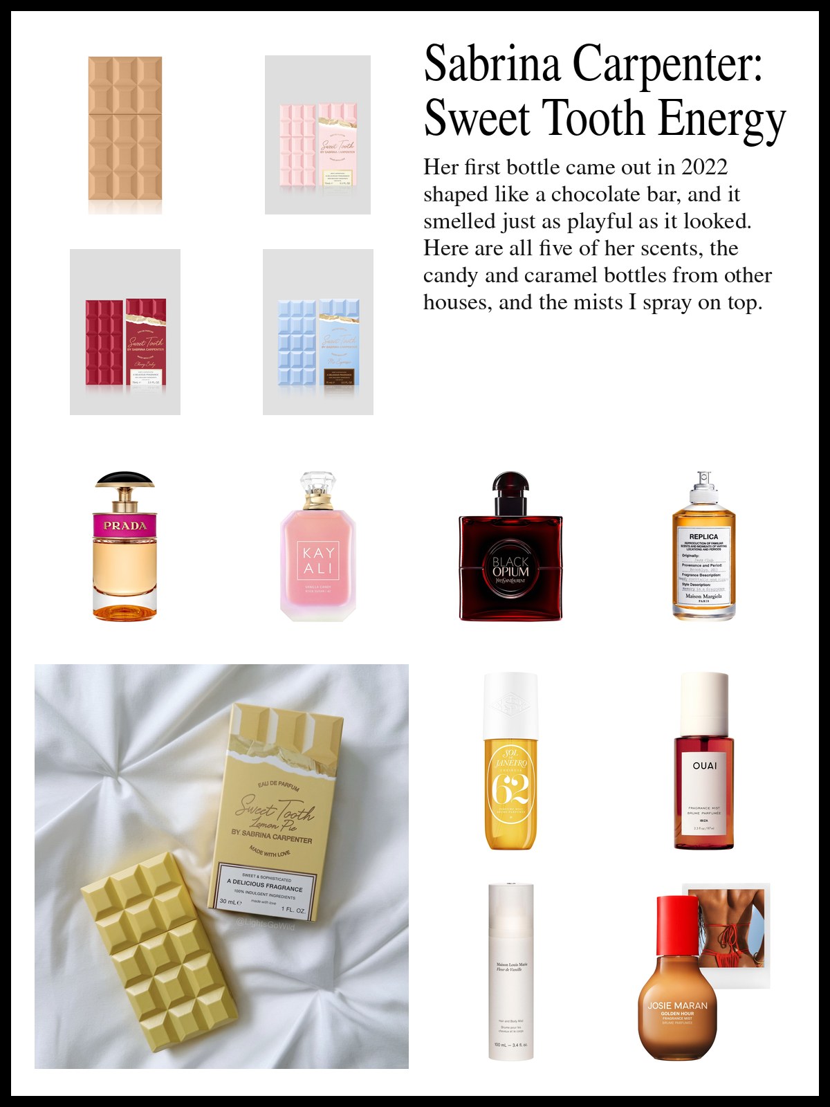 Collage of Sabrina Carpenter fragrances, caramel and candy perfumes and sweet body mists beside a photo of a caramel-brown lip tint capsule resting on a toasted marshmallow on a skewer against a white backdrop.