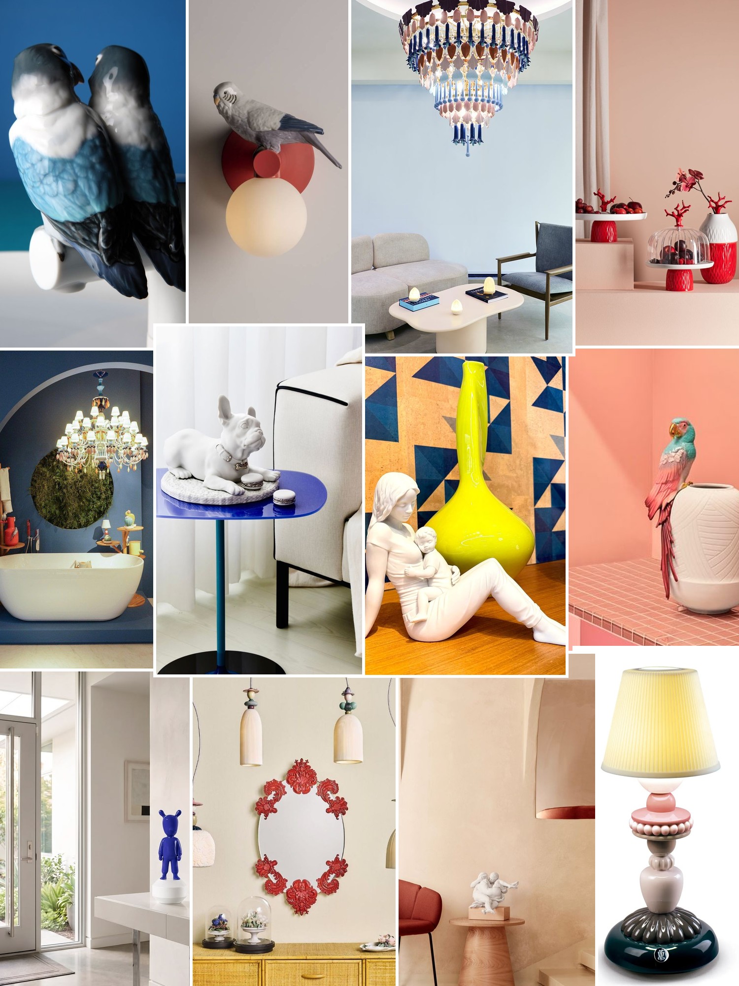 Collage of porcelain sculptures, floral objects and expressive accents in softly styled interiors