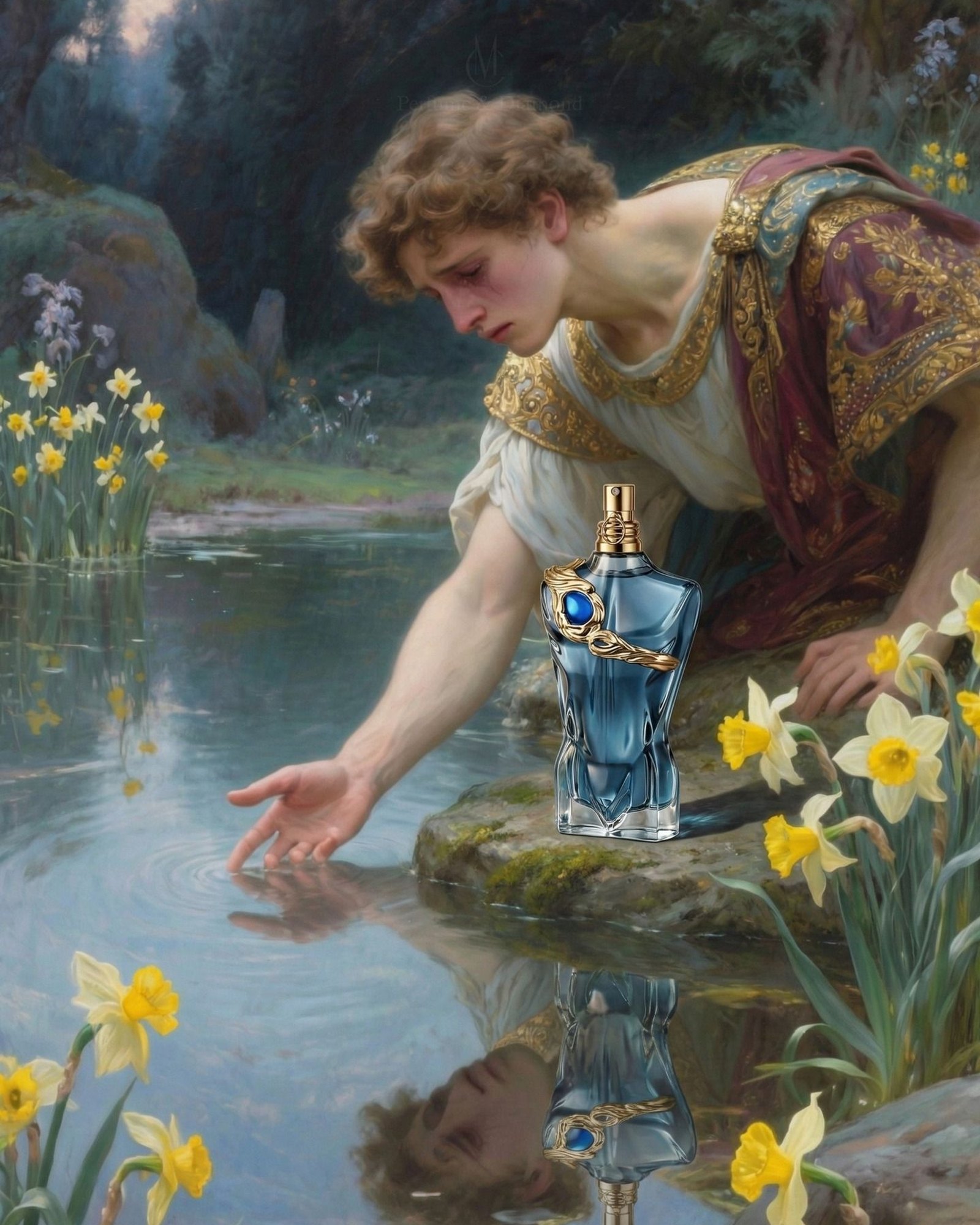 Painterly scene of a young man leaning over a pond with daffodils beside a blue Le Beau bottle