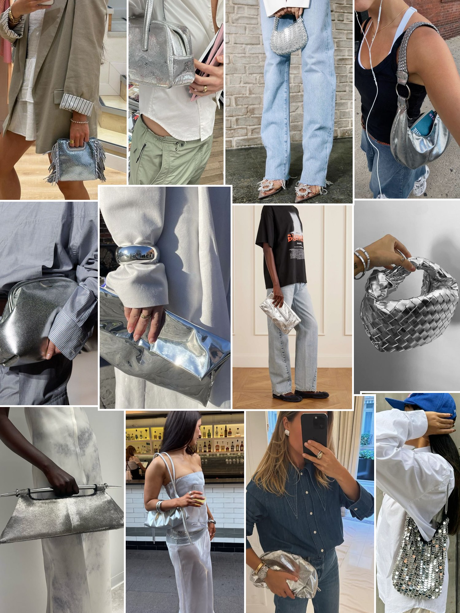 Collage of everyday outfits built around silver clutch