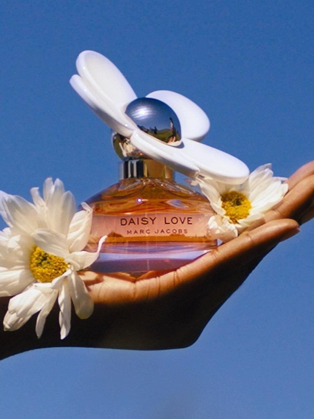 Hand holding a Daisy Love bottle with a white flower cap beside white daisies against a bright blue sky