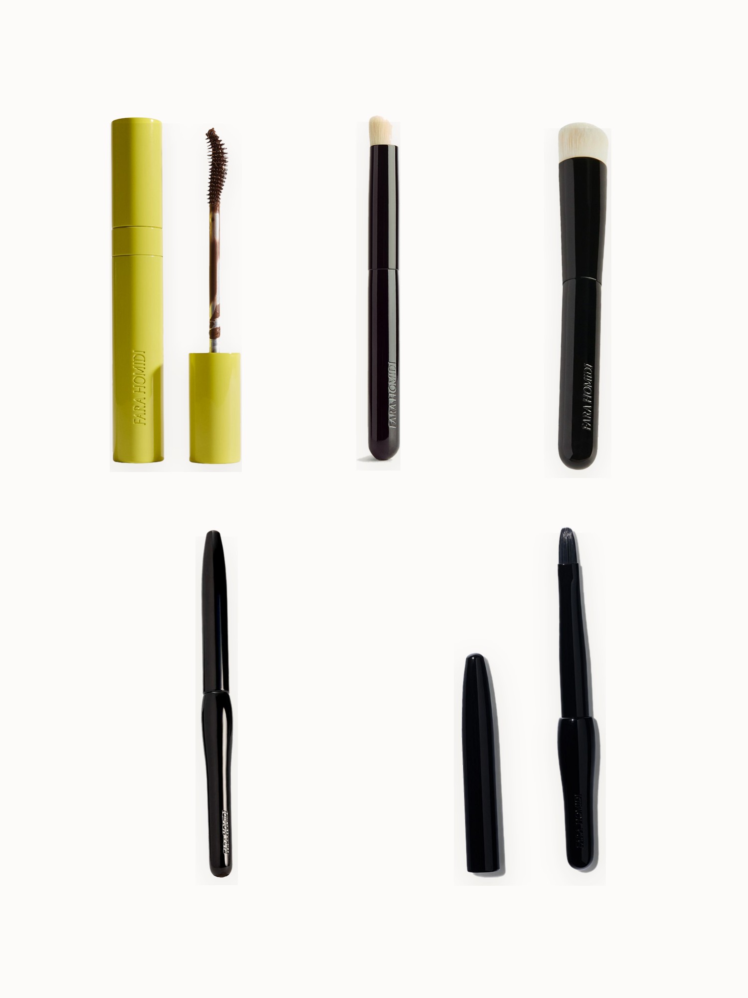 Flat lay of Fara Homidi makeup brushes, a lip brush and lash lacquer on an off-white background