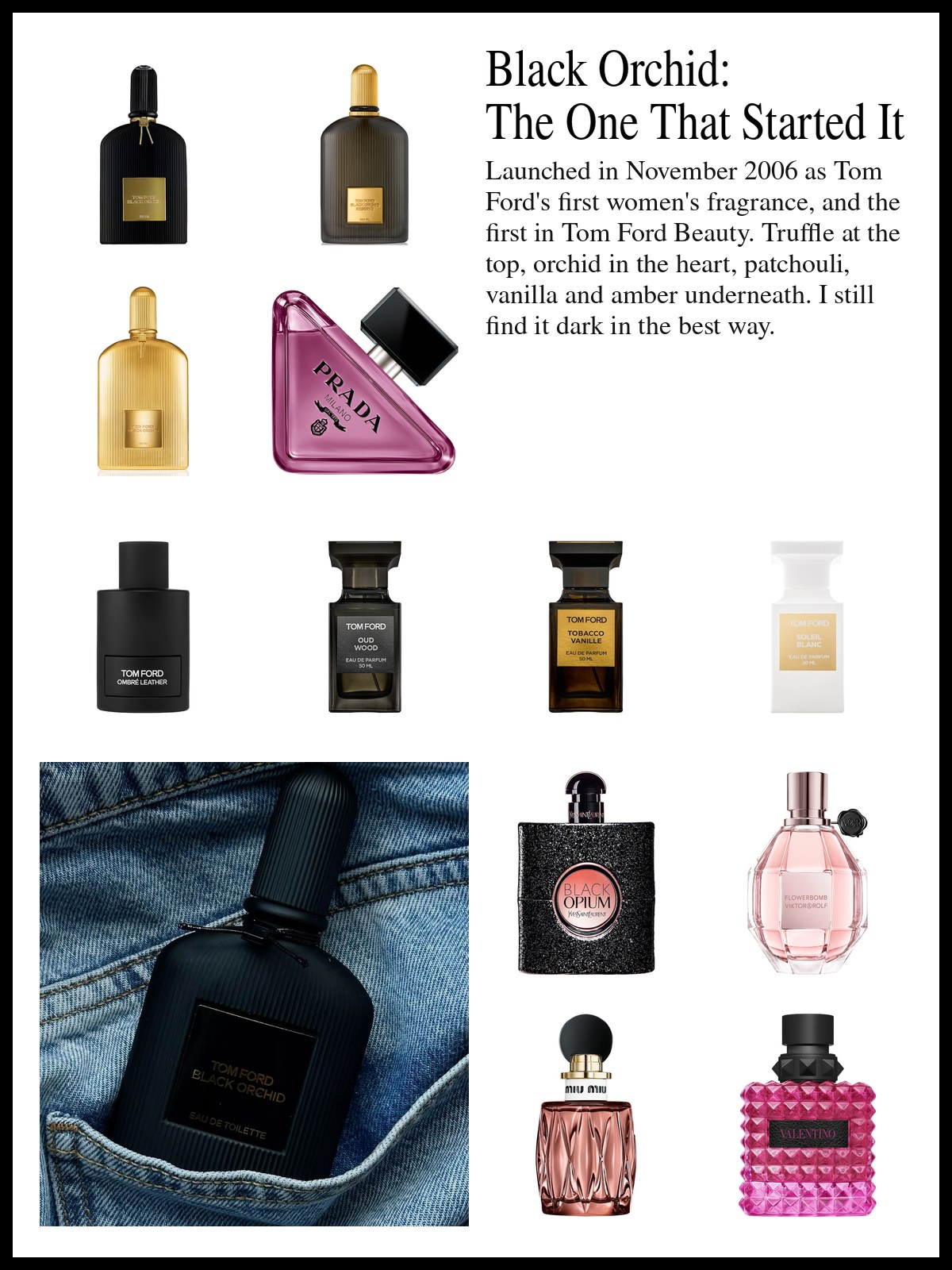 Collage of black and gold perfume bottles from Tom Ford and other houses beside a dark velvet drape, and a mood photo of a Black Orchid bottle tucked in a denim pocket.