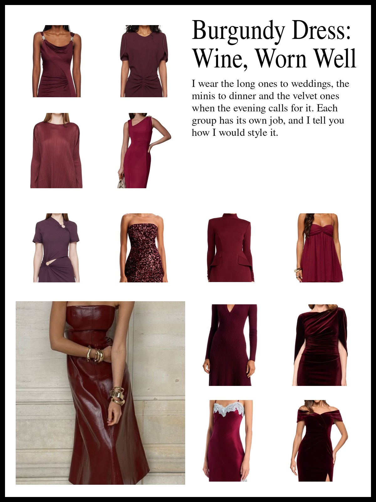 A collage of burgundy midi and maxi dresses, minis, velvet and satin dresses, and a mood photo of a woman in a burgundy leather strapless dress.