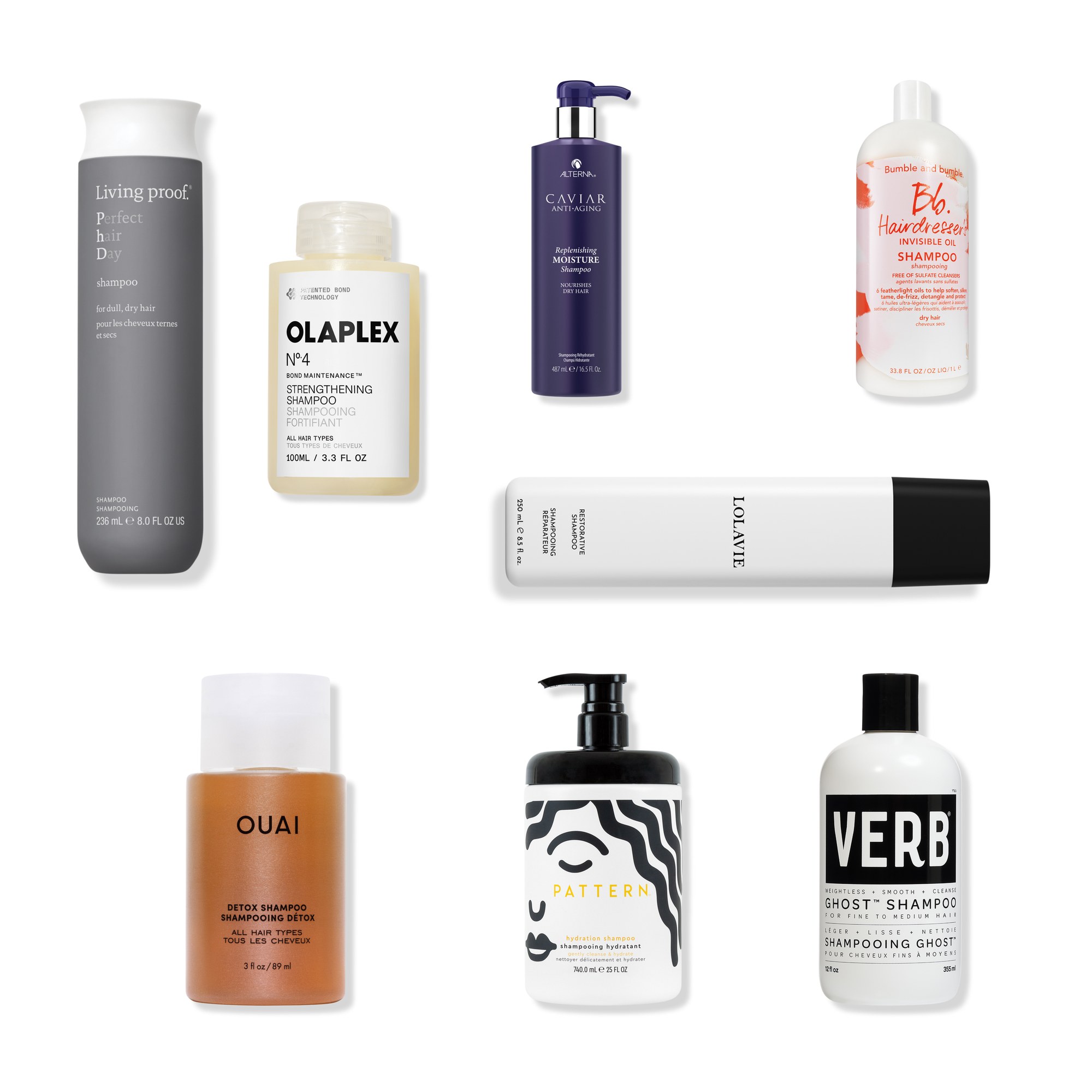A collage of the shampoos in this edit, from a clarifying wash to hydration, smoothing, and oil-based formulas for frizzy hair, arranged on a white background.