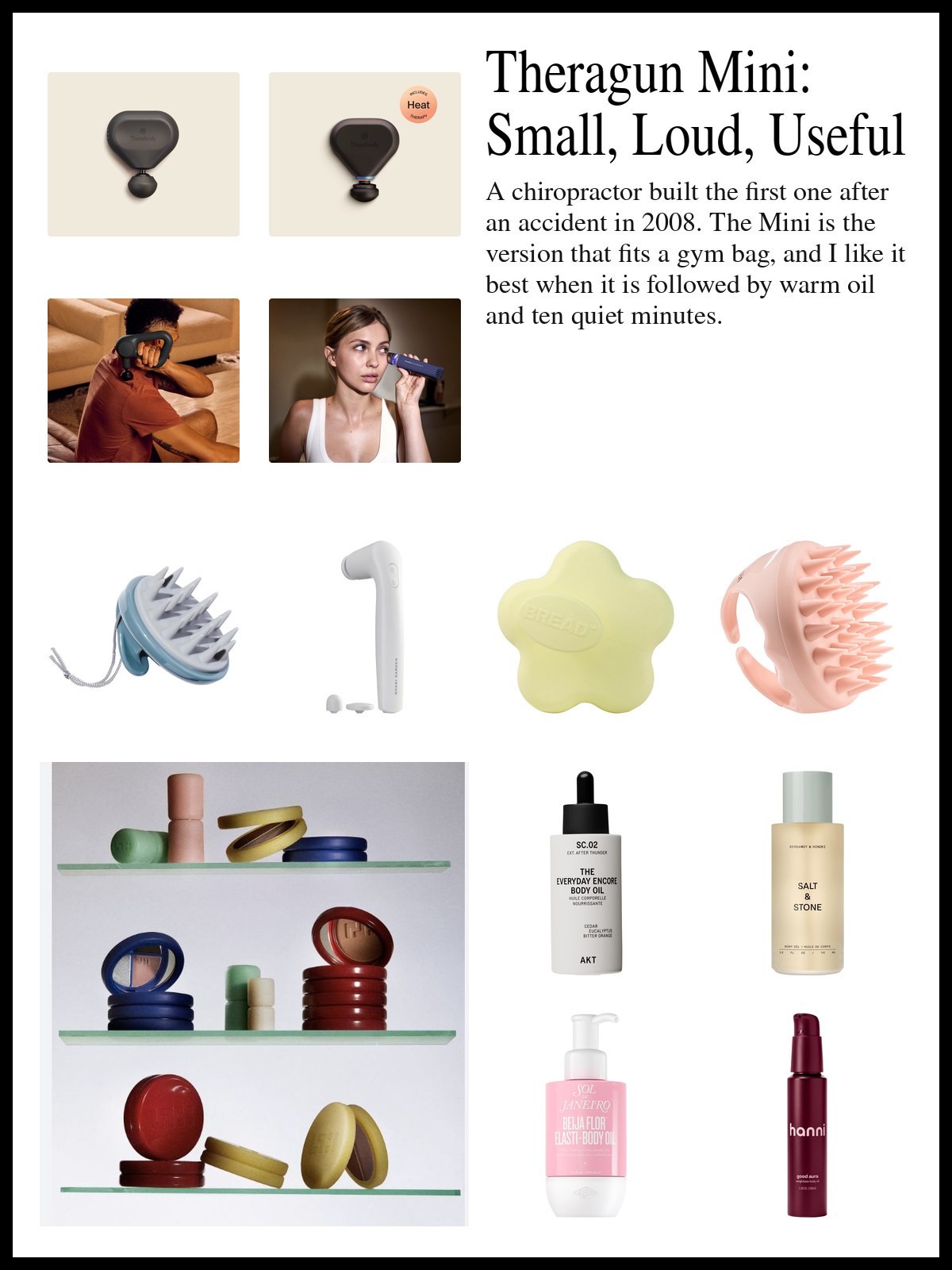 Collage of a percussion massager, scalp and face massagers and body oils beside a photo of glossy red, blue and yellow compacts stacked on three glass shelves.