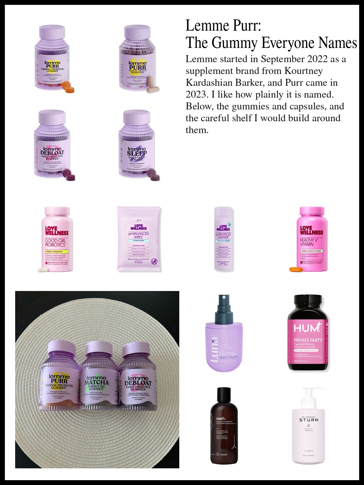 Collage of Lemme gummies and capsules, Love Wellness wipes and cleanser, and intimate washes from other brands, and a mood photo of three Lemme gummy bottles on a woven placemat.