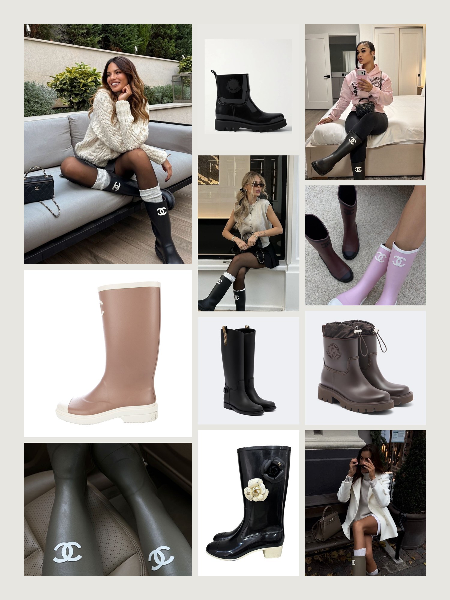 Mood board for Chanel Rain Boots: street-style photos, close-up details and product shots from this edit