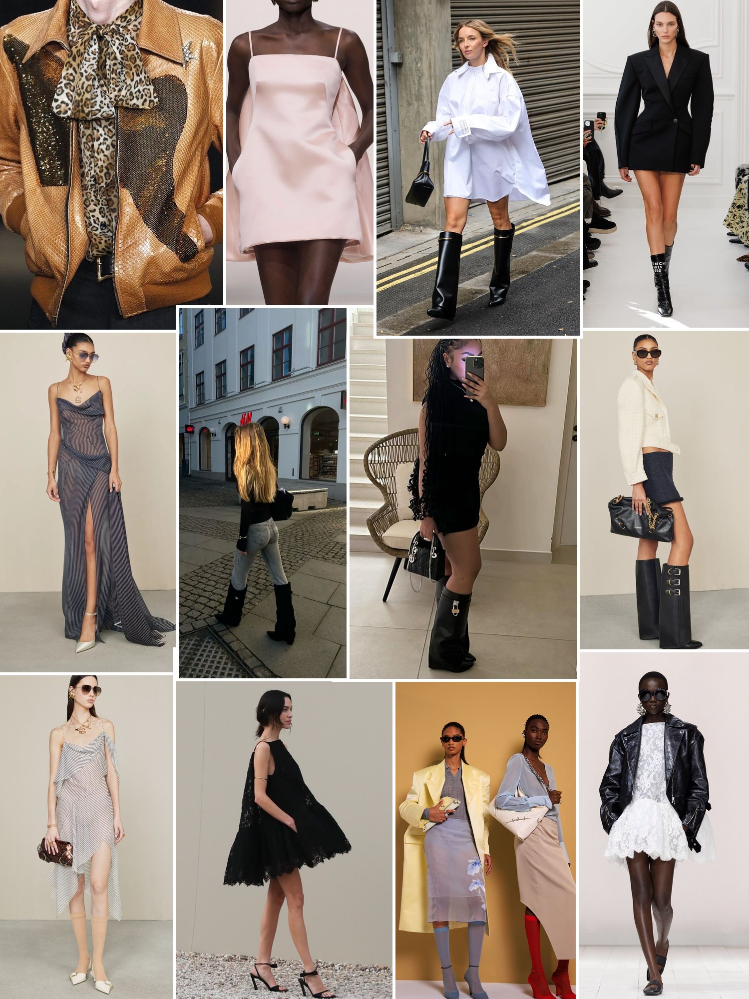 Collage of runway looks, campaign shots and street style outfits that capture the Givenchy mood