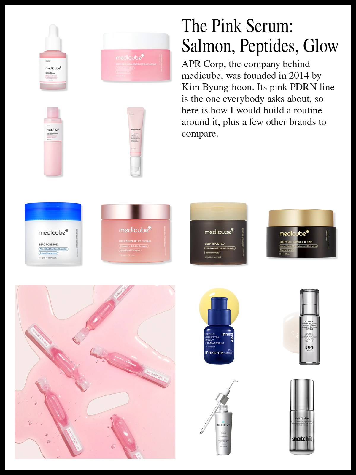 Collage of pink serums, creams and toners, cleansing pads and PDRN ampoules from several brands and a mood photo of pink serum ampoules in a pool of gel.