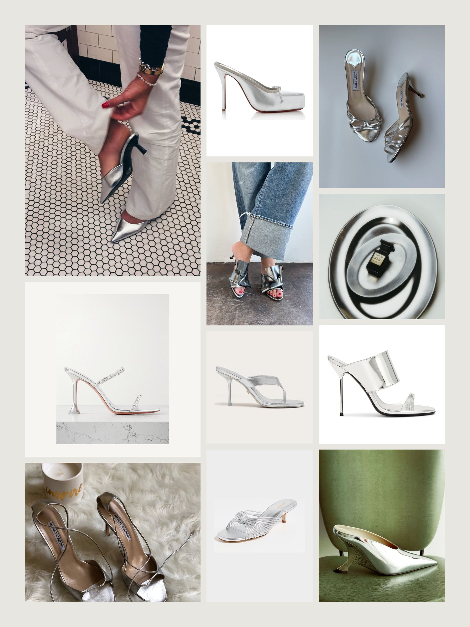 Vibe collage for silver mules and slides: open-back heels worn with trousers and jeans, and the mules from the grid below