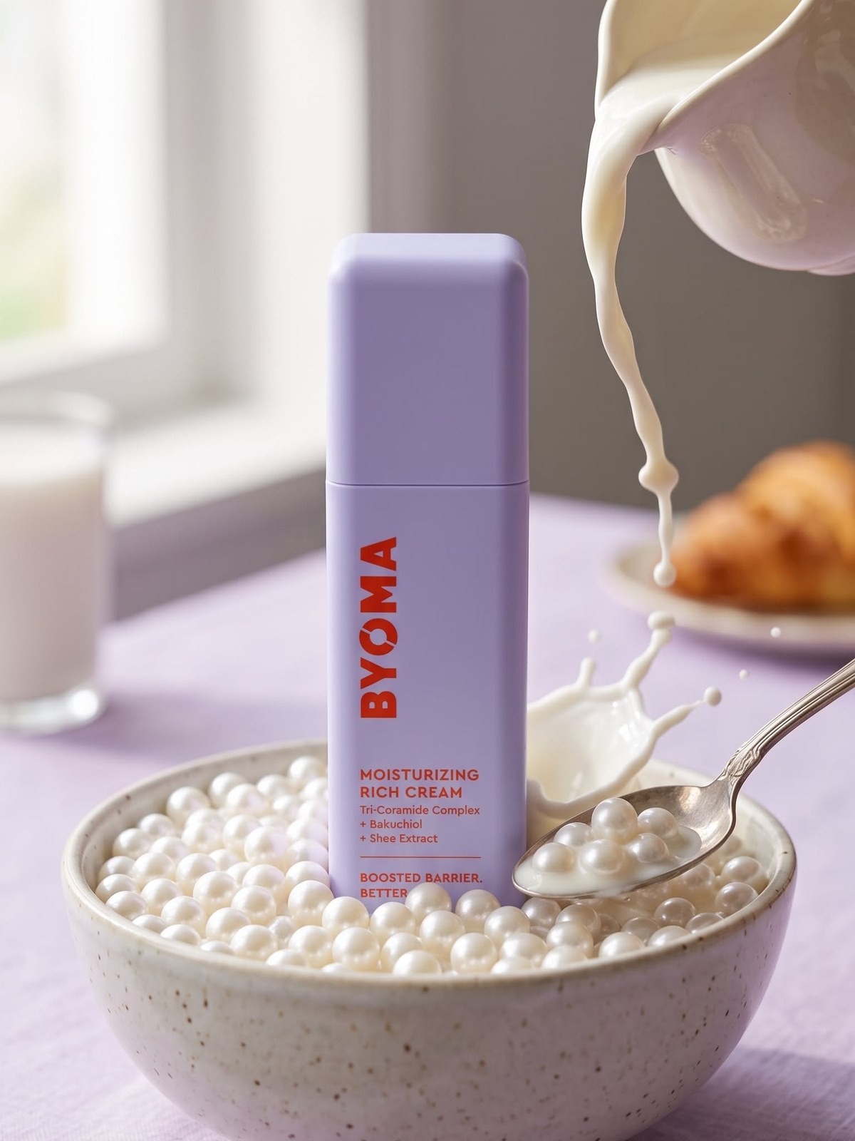 Byoma Moisturizing Rich Cream tube in a bowl of pearls with milk pouring behind it