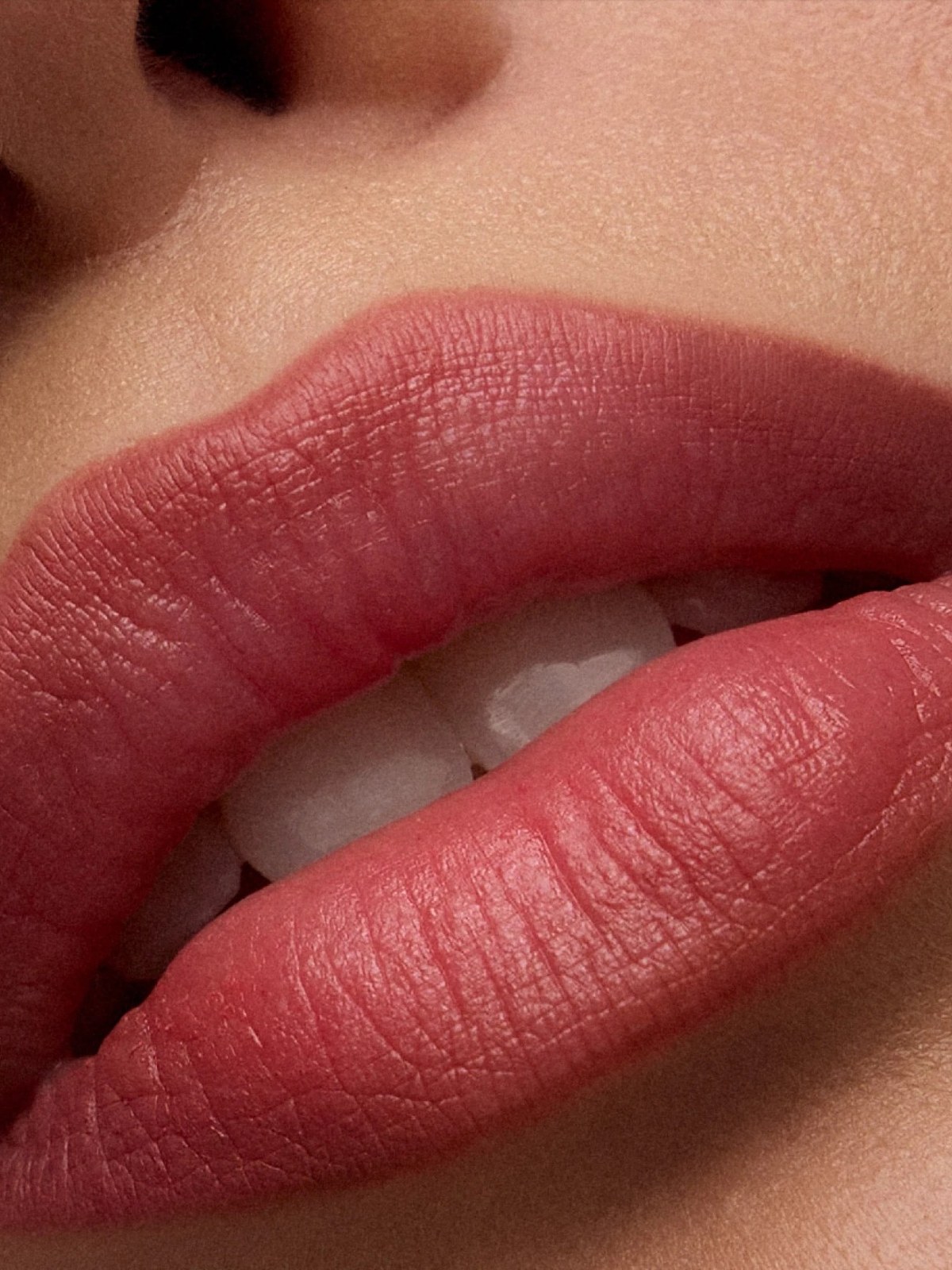 Close up of matte terracotta rose lips