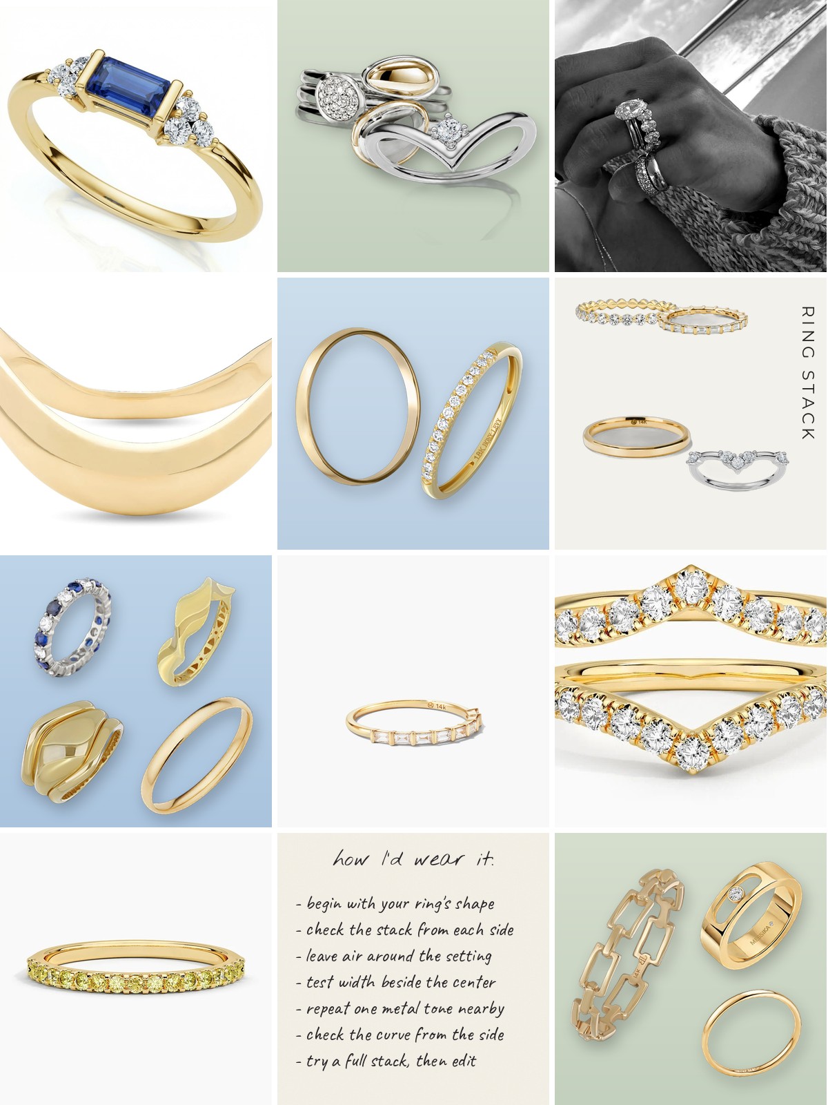 Collage: twenty wedding ring stack products with a how I would wear it note