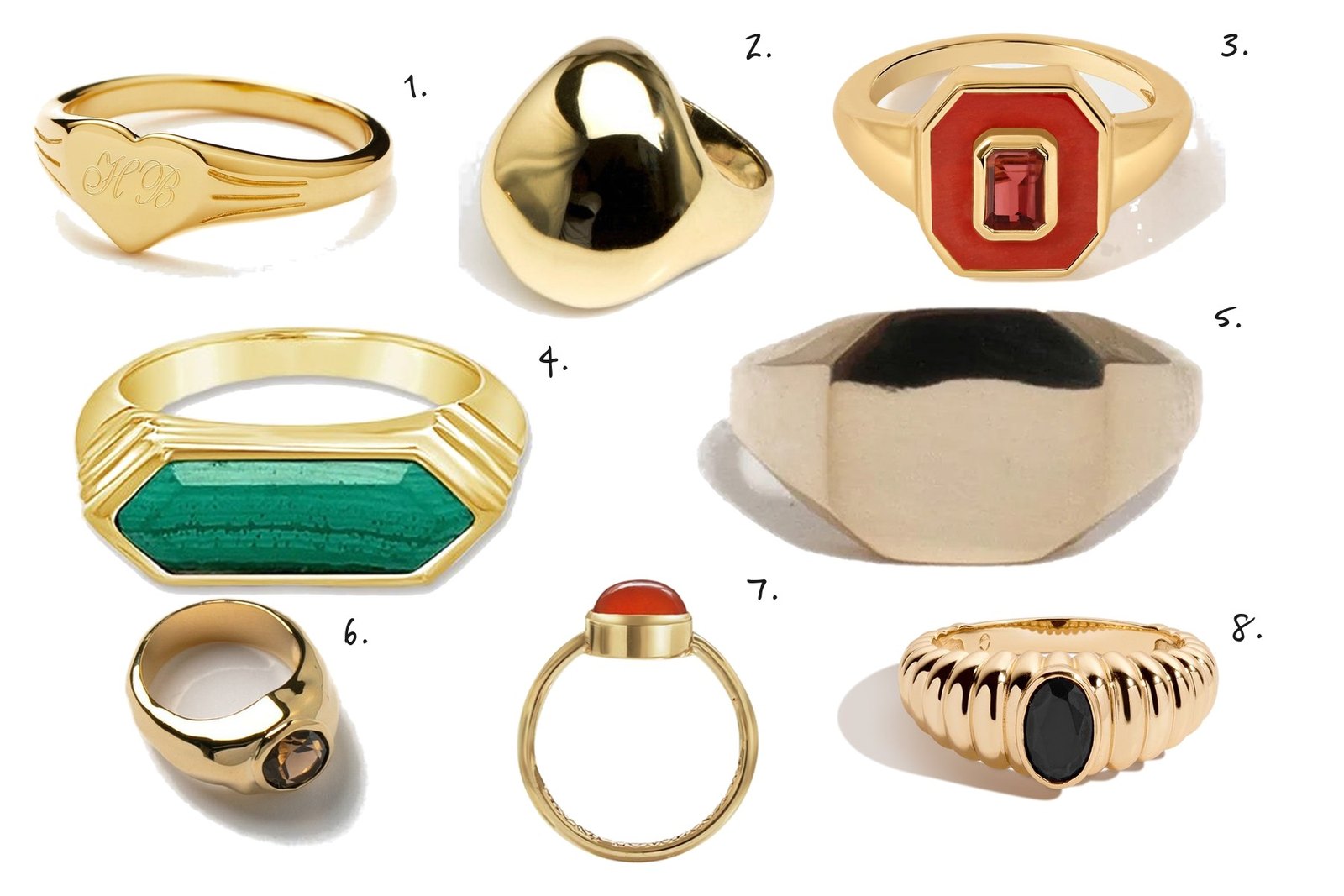 Numbered collage: 1. Missoma Engravable Heart Signet; 2. Dinosaur Designs Metal Temple Ring; 3. Edge of Ember Deco Red Jasper and Garnet Ring; 4. Sierra Winter Tucson Ring; 5. Loren Stewart Octagonal ID Signet; 6. Wolf Circus Jayden Ring in Smoke Quartz; 7. Laura Lombardi Goccia Ring in Yellow Gold; 8. Aurate Black Sapphire Art Deco Ring