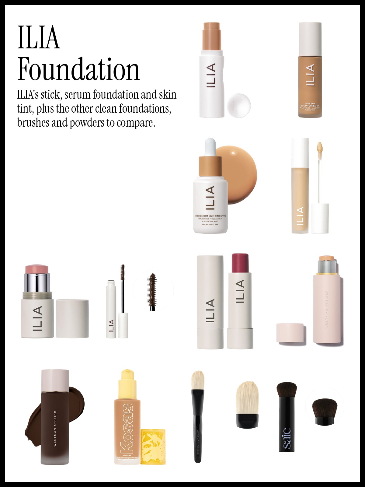 Collage of ILIA Skin Rewind Complexion Stick, ILIA Multi-Stick Cream Blush + Highlighter + Lip Tint and Westman Atelier Vital Skin Foundation Stick