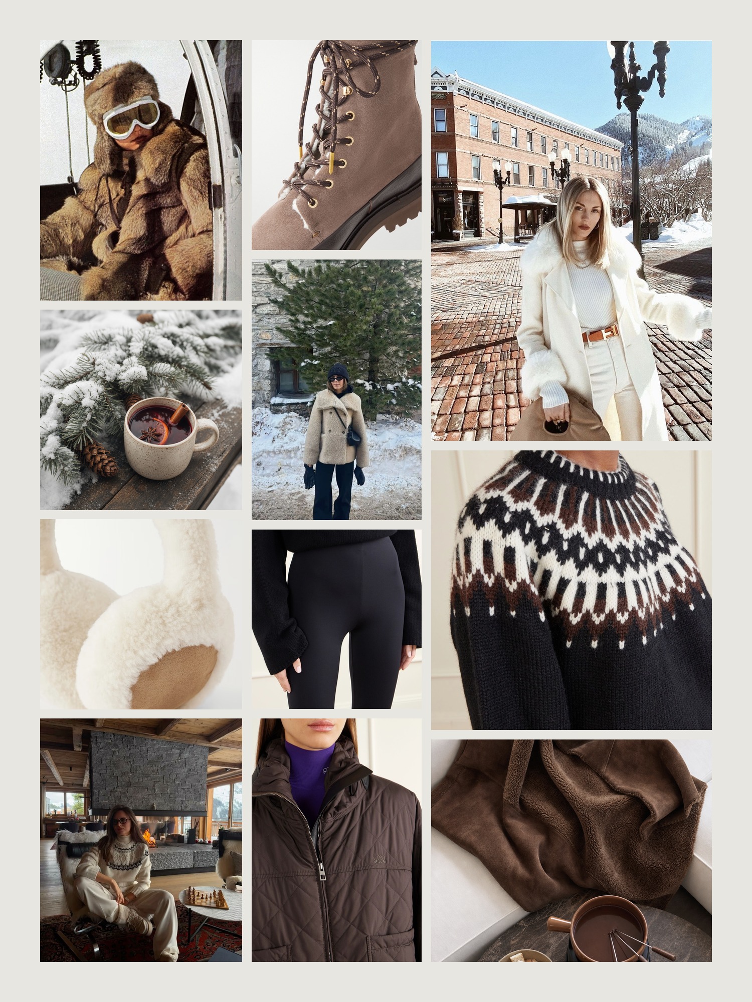Mood board of apres ski outfit in chocolate shearling and snow white