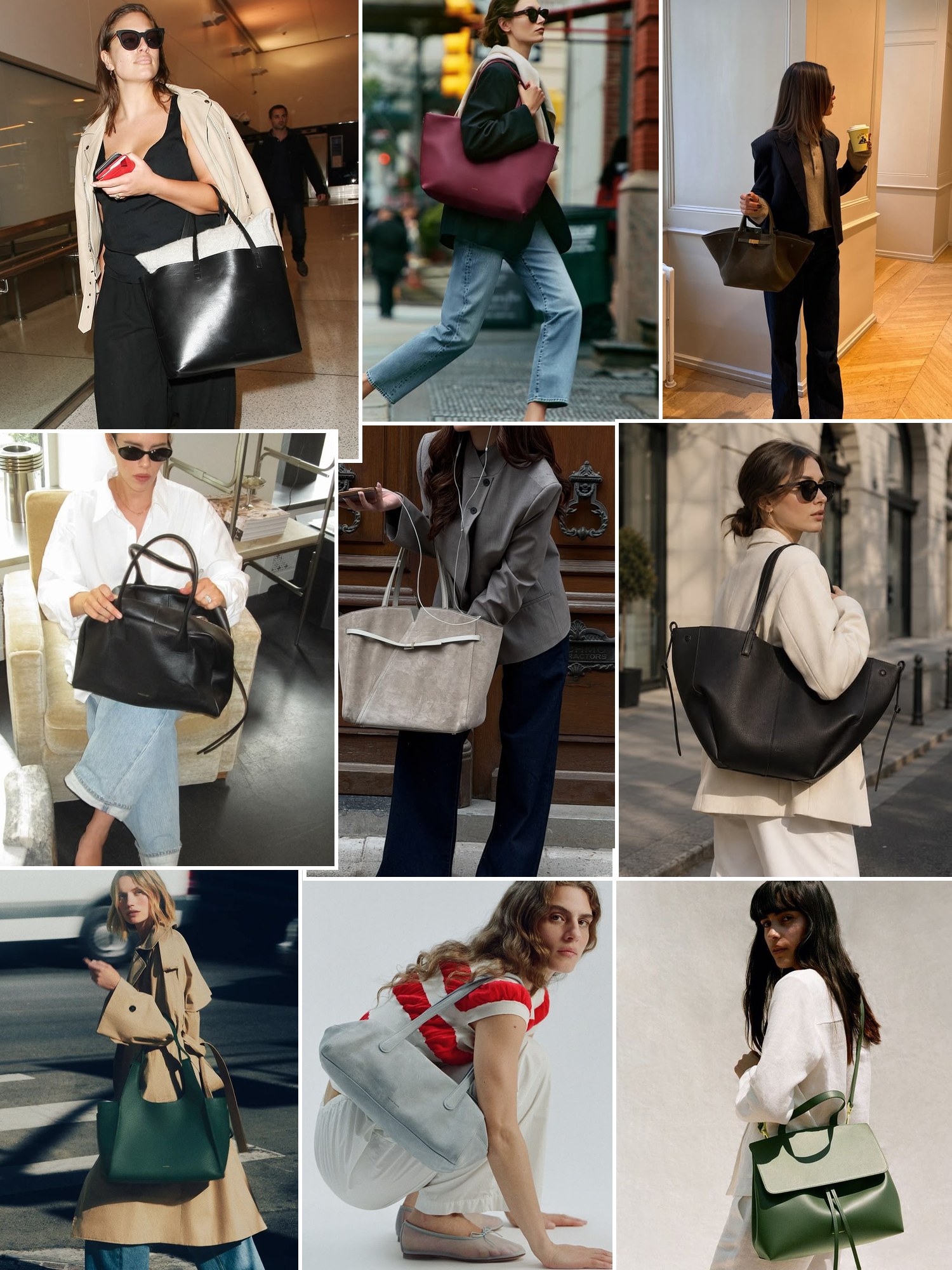 Collage of leather tote bags with workwear