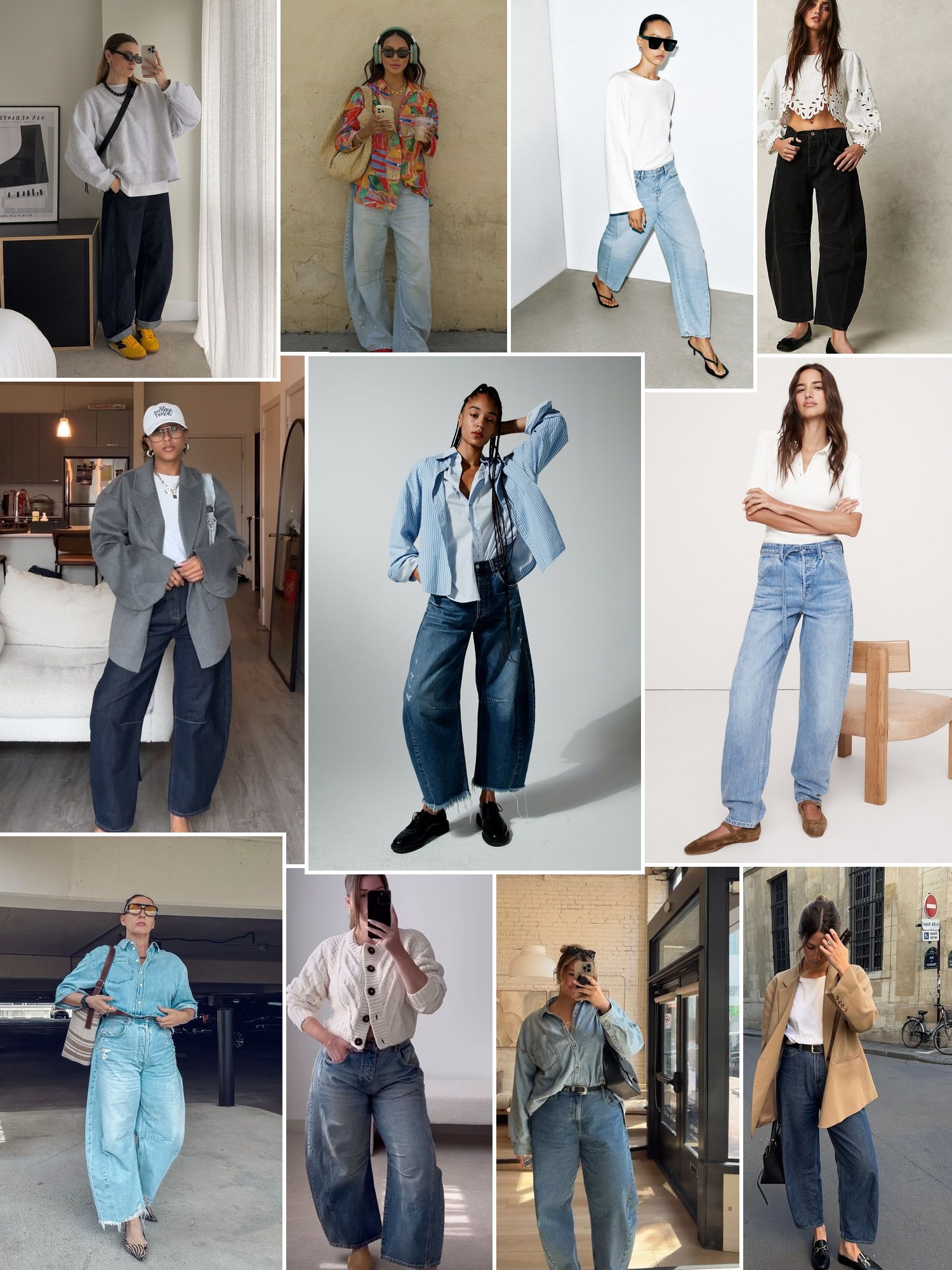 Collage of curved-leg jeans with flats and knits