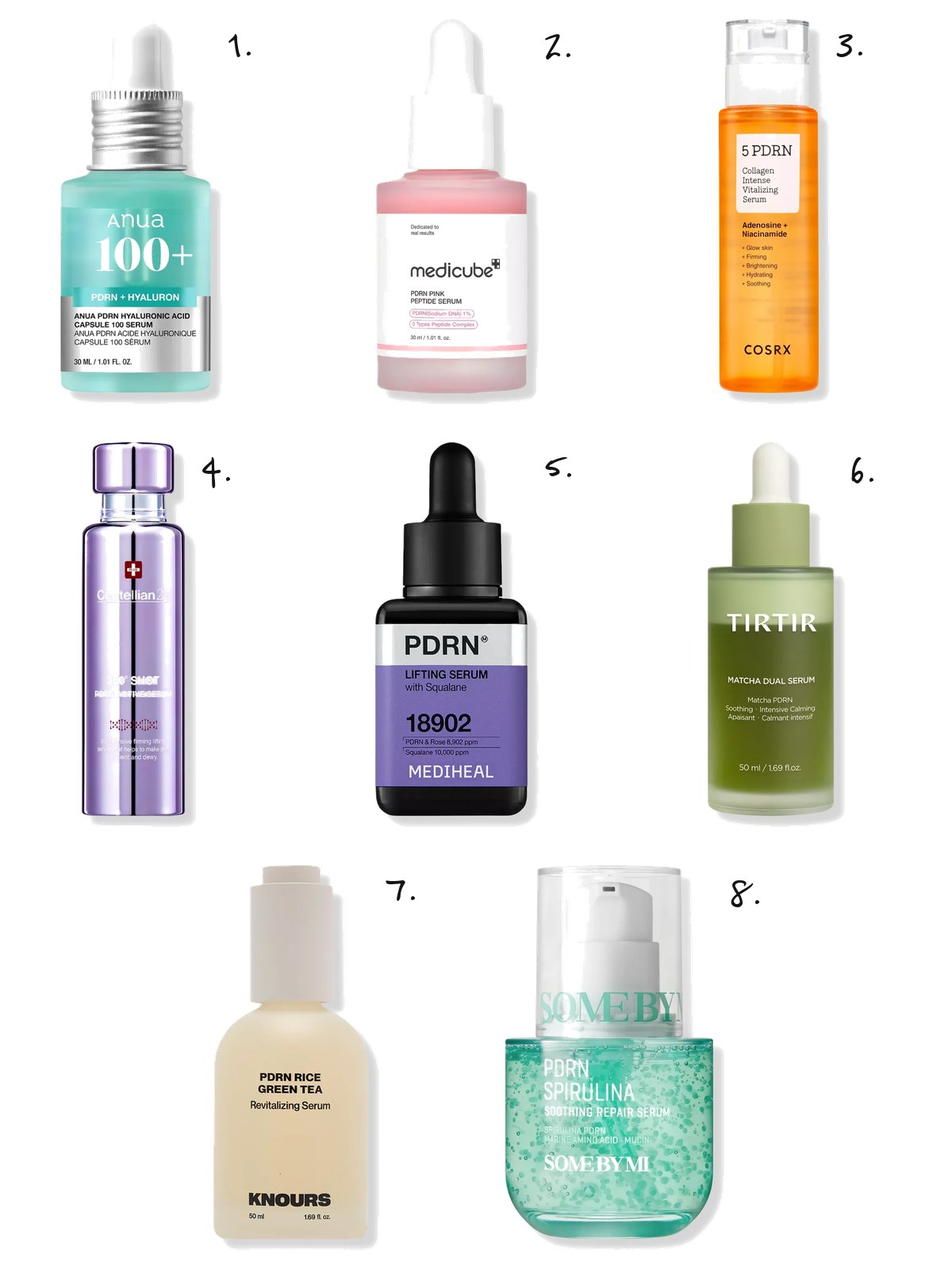 A numbered collage of eight PDRN serums: Anua, medicube, COSRX, Centellian24, Mediheal, TIRTIR, Knours and Some By Mi.