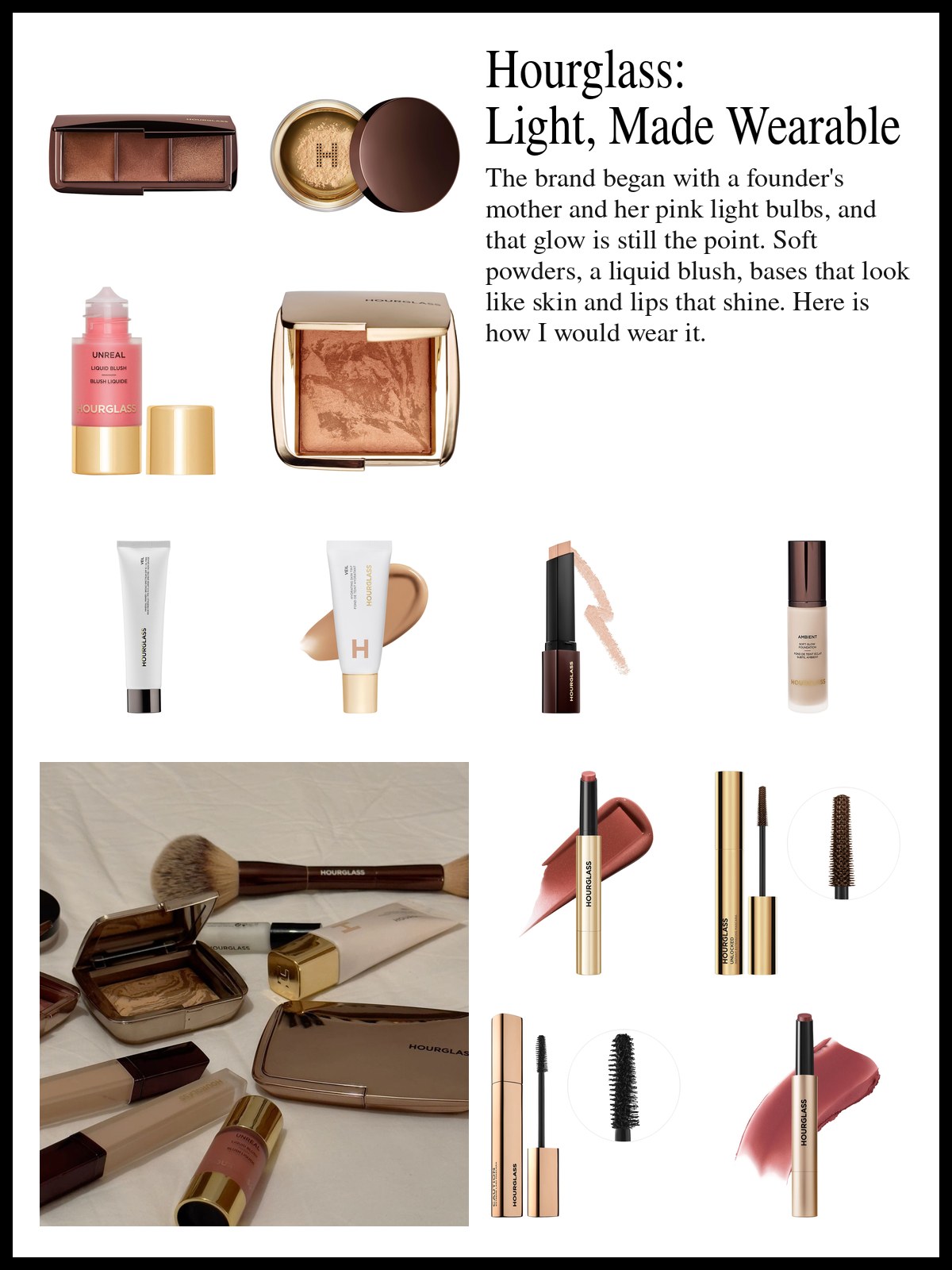 Collage of Hourglass powders, blush, foundations, mascaras and lip balms beside a close-up photo of an eye with soft lashes, freckles, rosy blush and glossy pink almond nails.