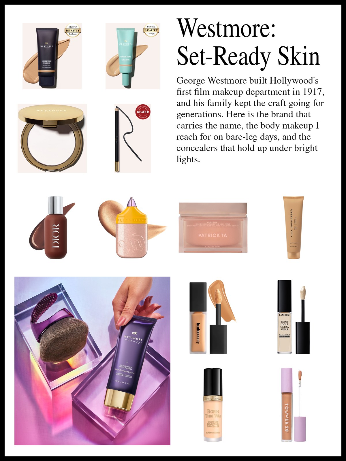 Collage of skin tints, body makeup, concealers and eye products beside a photo of pastel makeup pieces, a pencil and a lip stick resting in folds of fuzzy pink wool.