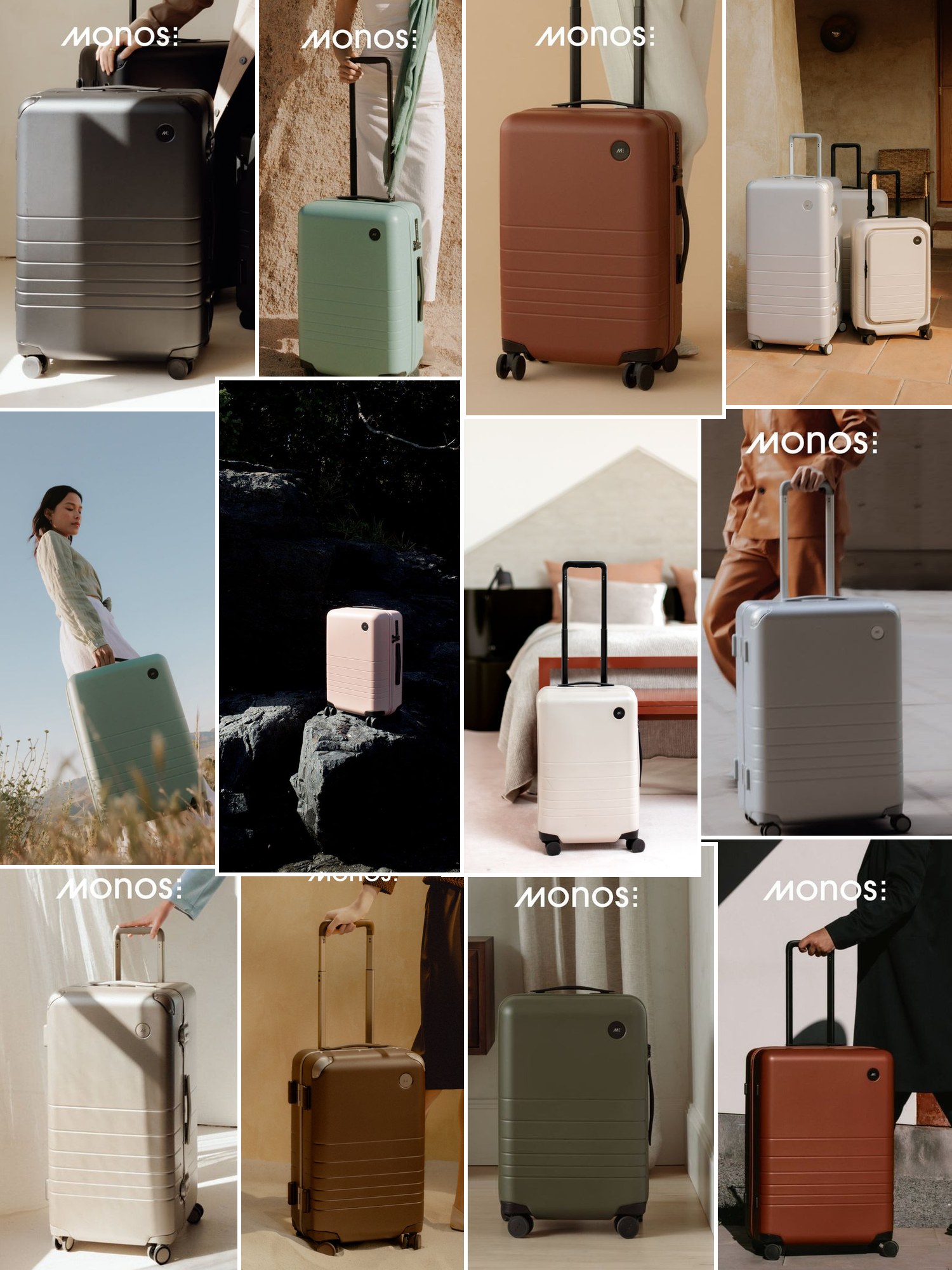 Street style collage of women wearing Monos luggage