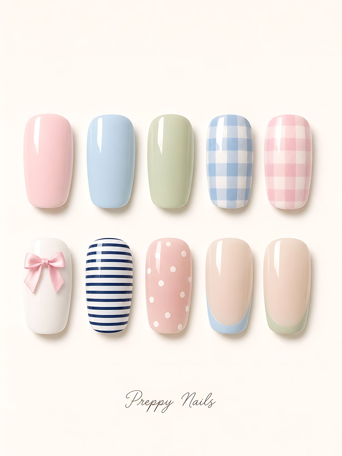 Illustrated collage of preppy nails looks