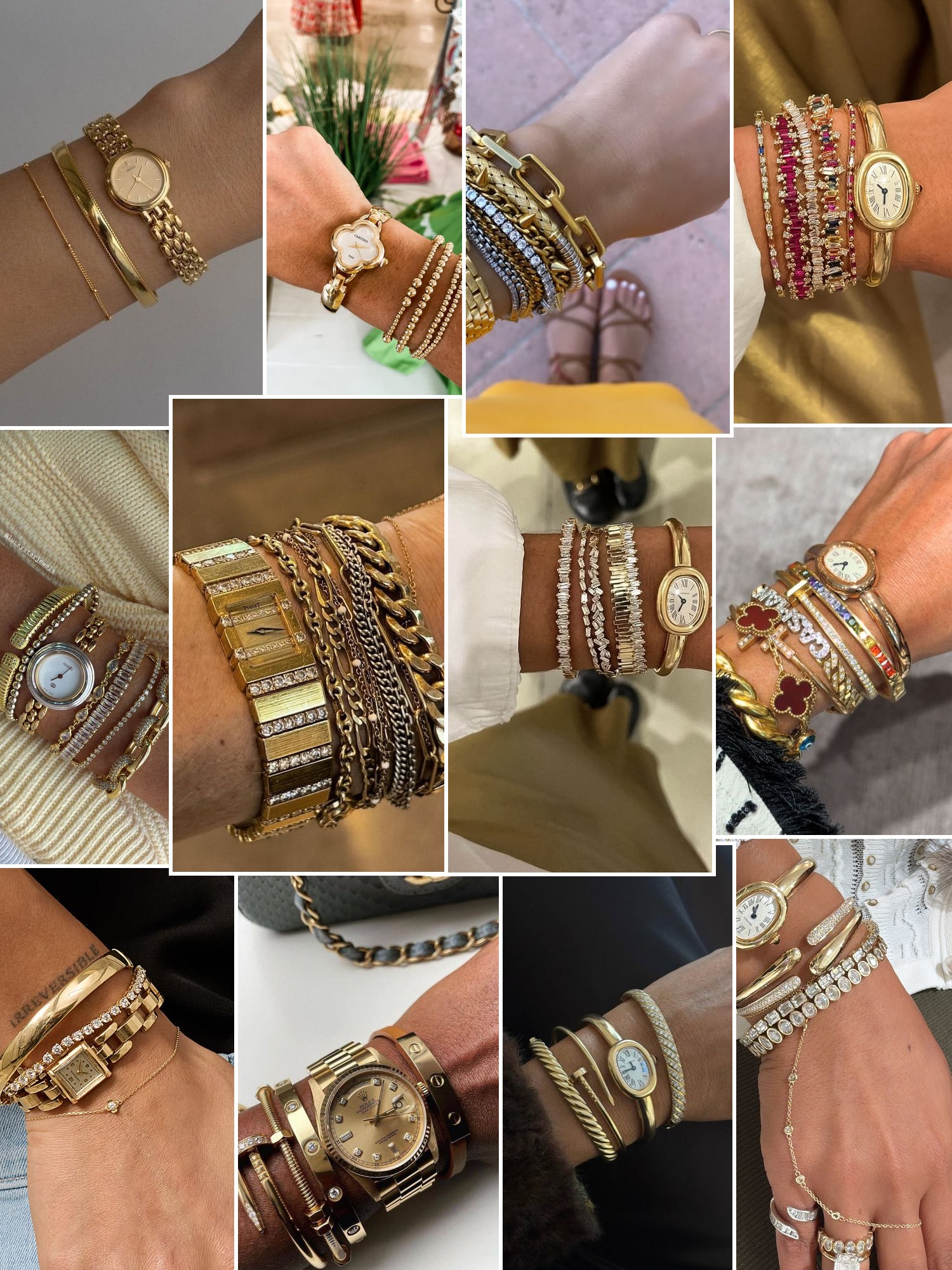Collage of gold watches stacked with bracelets
