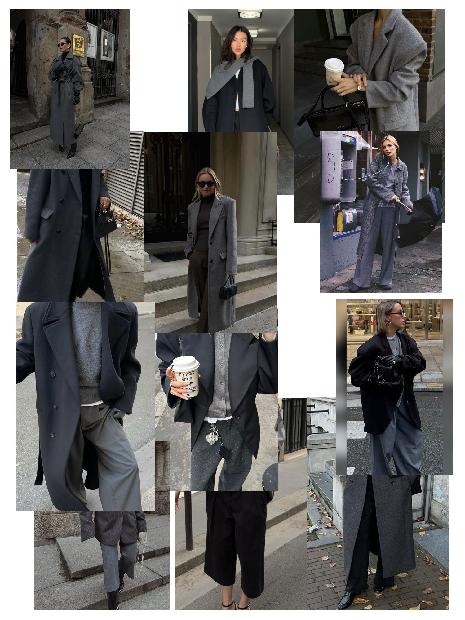 Collage of twelve street-style photos of women wearing gray and black outfits, scattered and overlapping on white