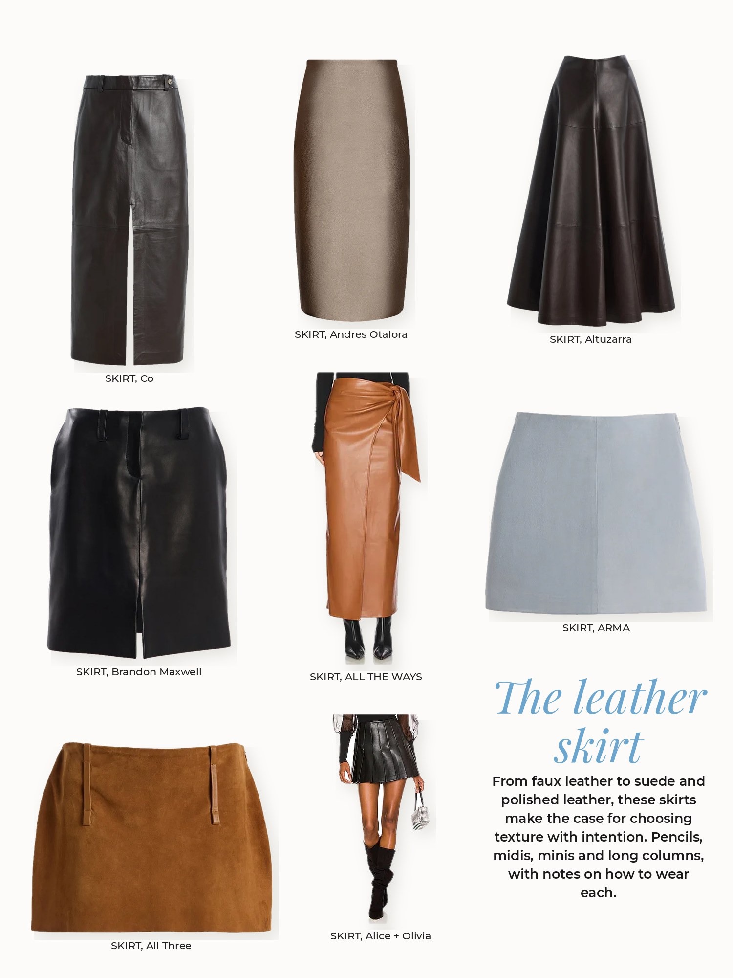 Leather skirt collage: ALL THE WAYS, ARMA, Alice + Olivia, All Three, Altuzarra, Andres Otalora, Brandon Maxwell, Co