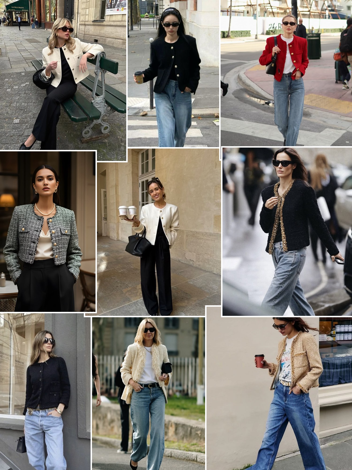 Collage of tweed jackets with fringe trim and similar looks