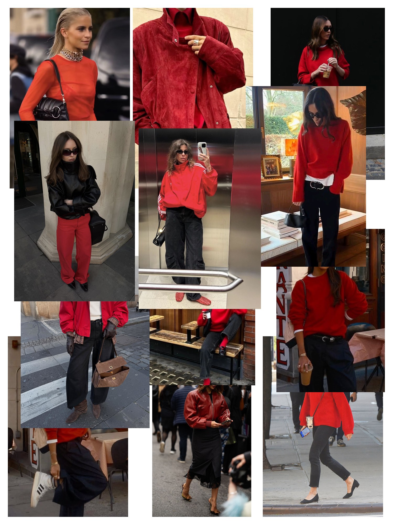 Collage of twelve street-style photos of women wearing red and black outfits, scattered and overlapping on white