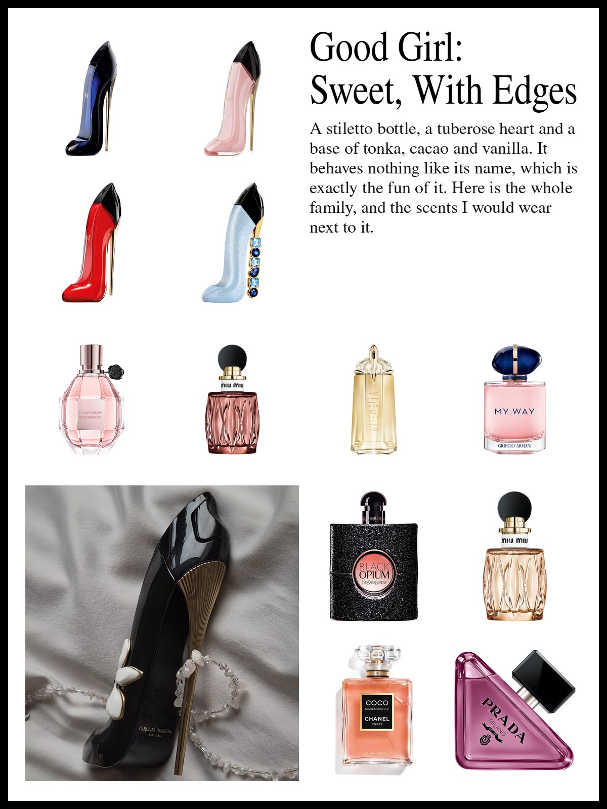 Collage of Good Girl bottles, white florals and gourmand night perfumes beside a photo of a woman in a black patent jacket and small dark sunglasses sitting in a black leather armchair in black heels.