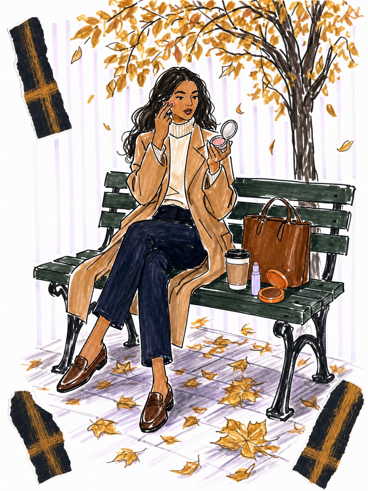 Illustration of a woman in a camel coat on a green park bench under golden fall leaves, tapping pink cream blush onto her cheek from a silver compact, with a lilac blush stick and a bronzer compact beside her coffee