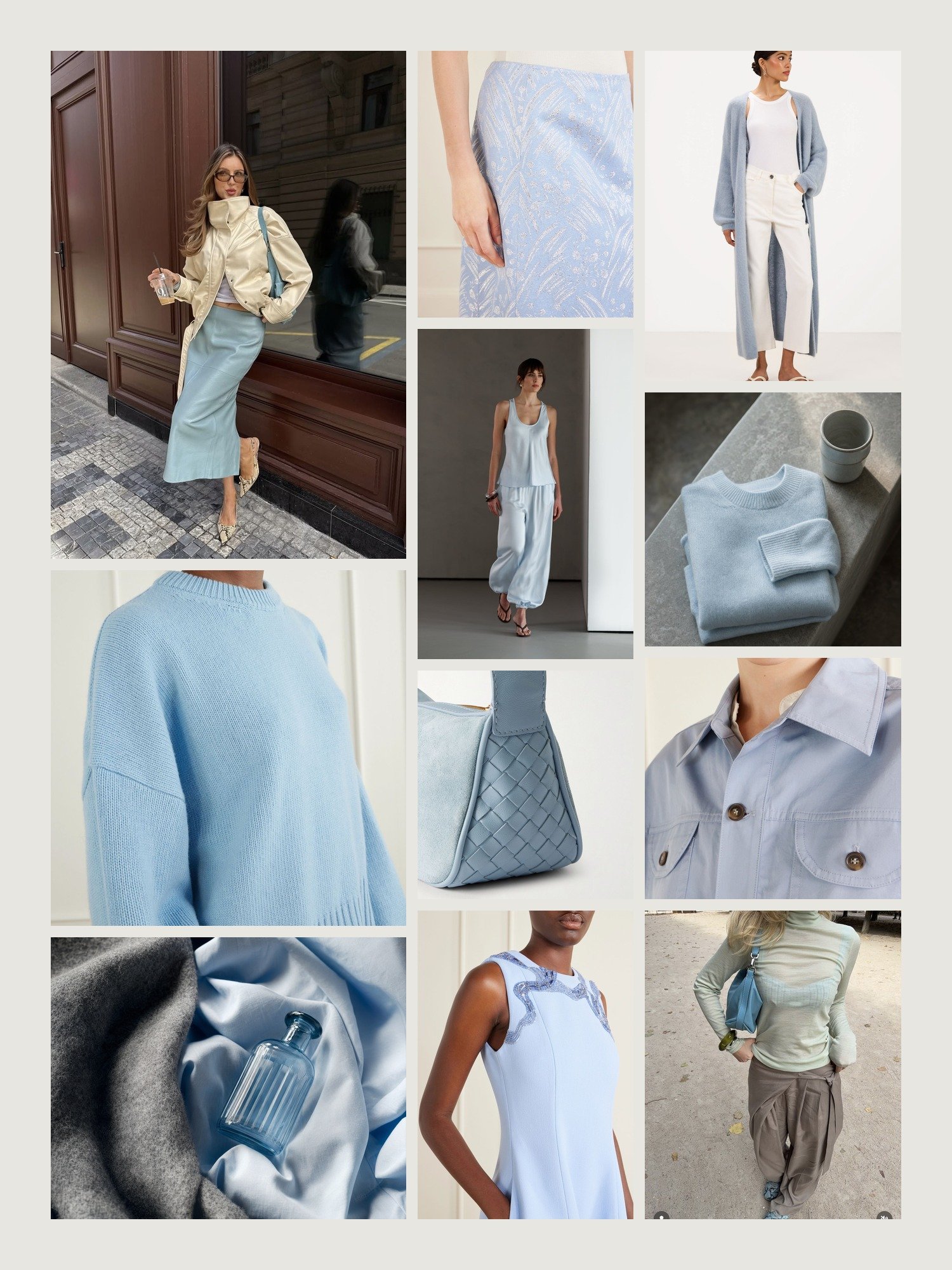 Mood board for light blue and gray outfits: four street-style photos of women wearing light blue and gray, close-ups of the Skall wool sweater, the Tory Burch midi skirt, the Bottega Veneta shoulder bag, the Rebecca Vallance midi dress and the Frame cotton-poplin jacket from this edit, and two still lifes in both colors