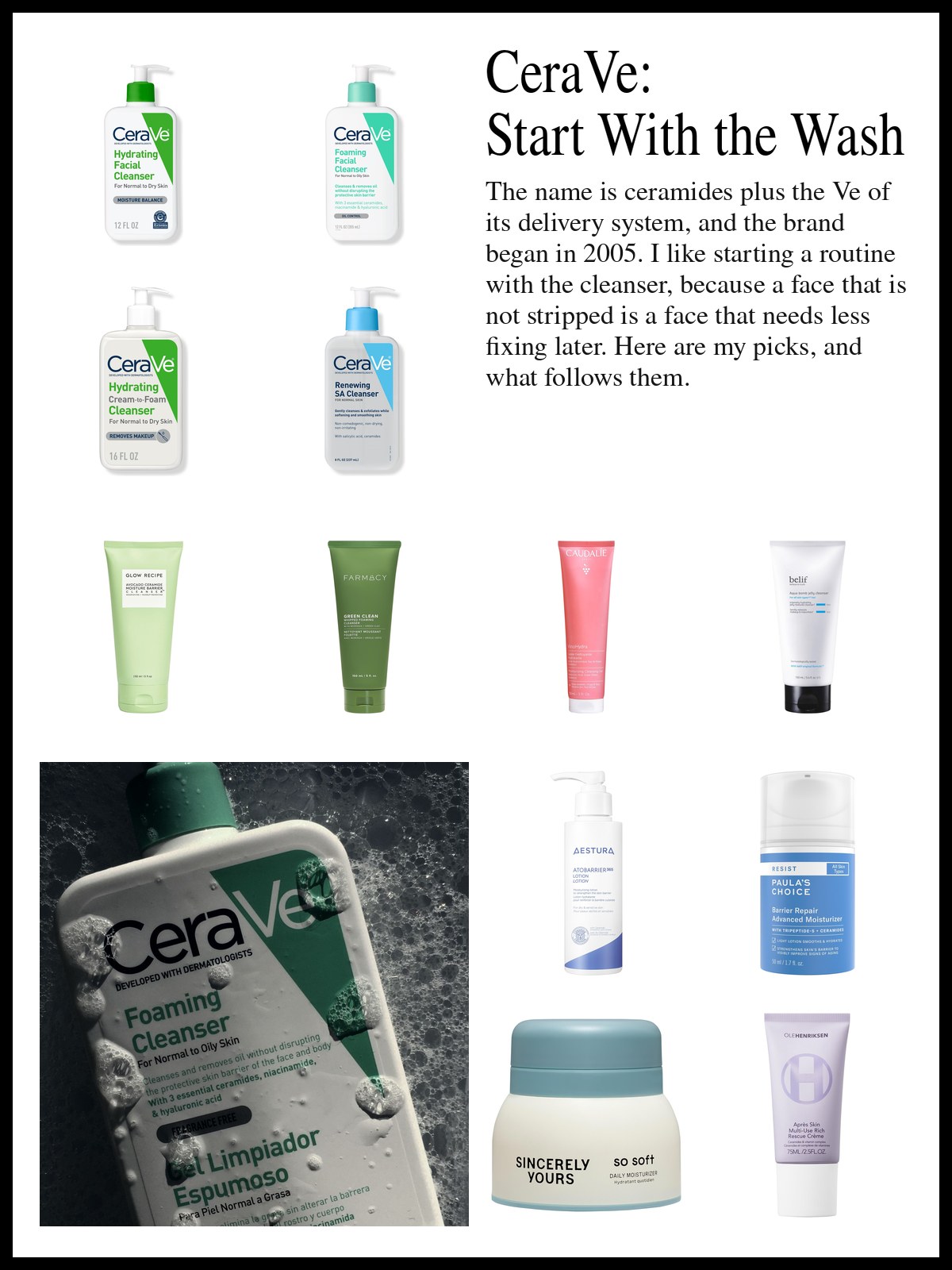 Collage of CeraVe cleansers, gentle face washes and ceramide creams beside a photo of a cream blush stick and a dark cherry resting in a cocktail glass of red liquid.