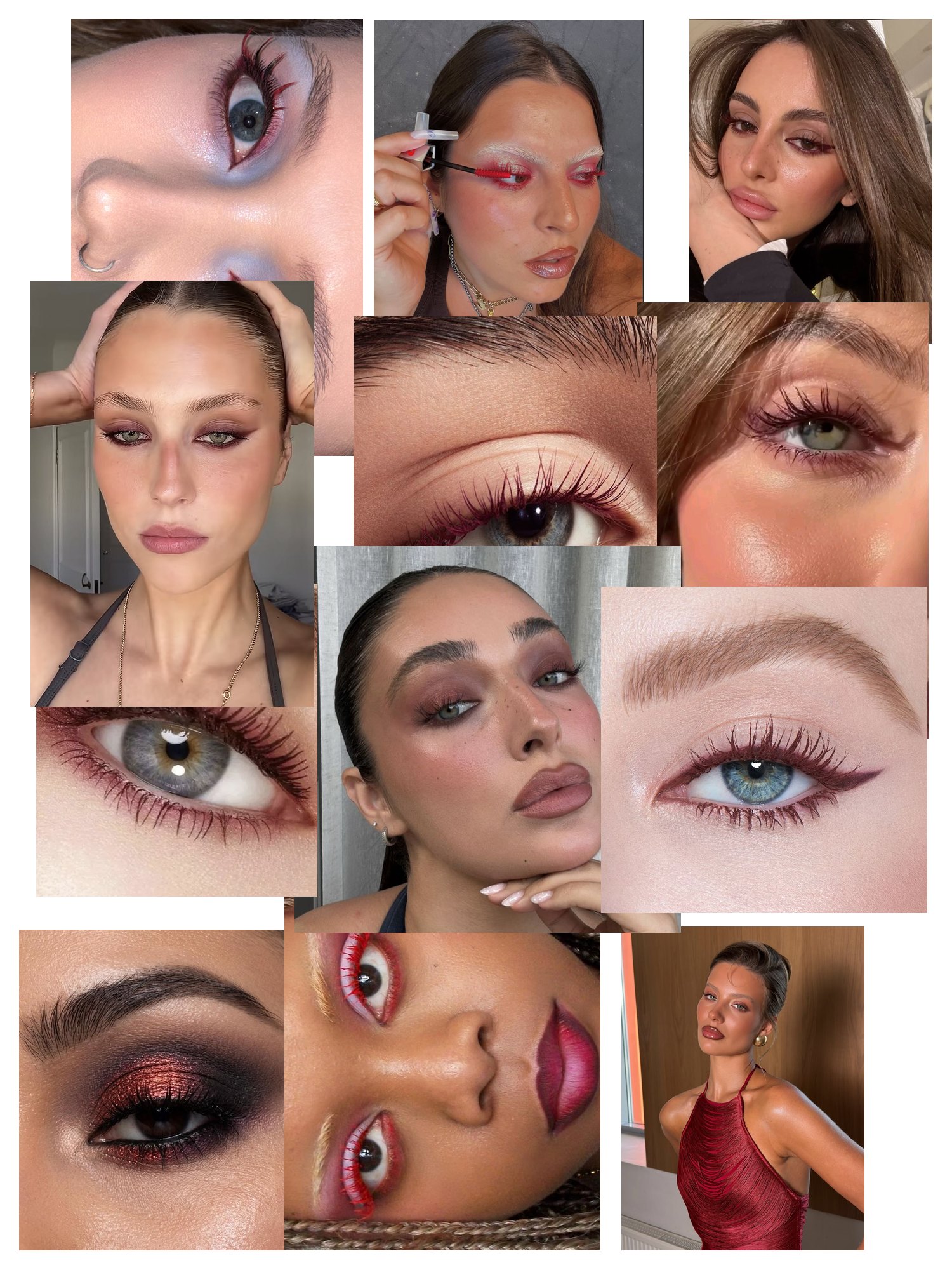 Street-style collage of 12 outfit photos featuring burgundy mascara, scattered and overlapping