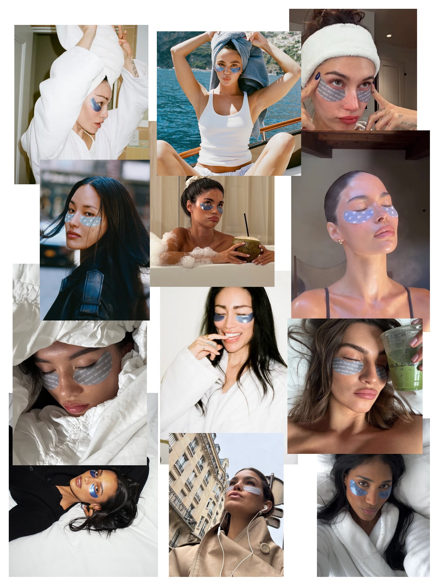 Collage of twelve street-style and editorial photos featuring rhode Eye Patches, scattered and overlapping