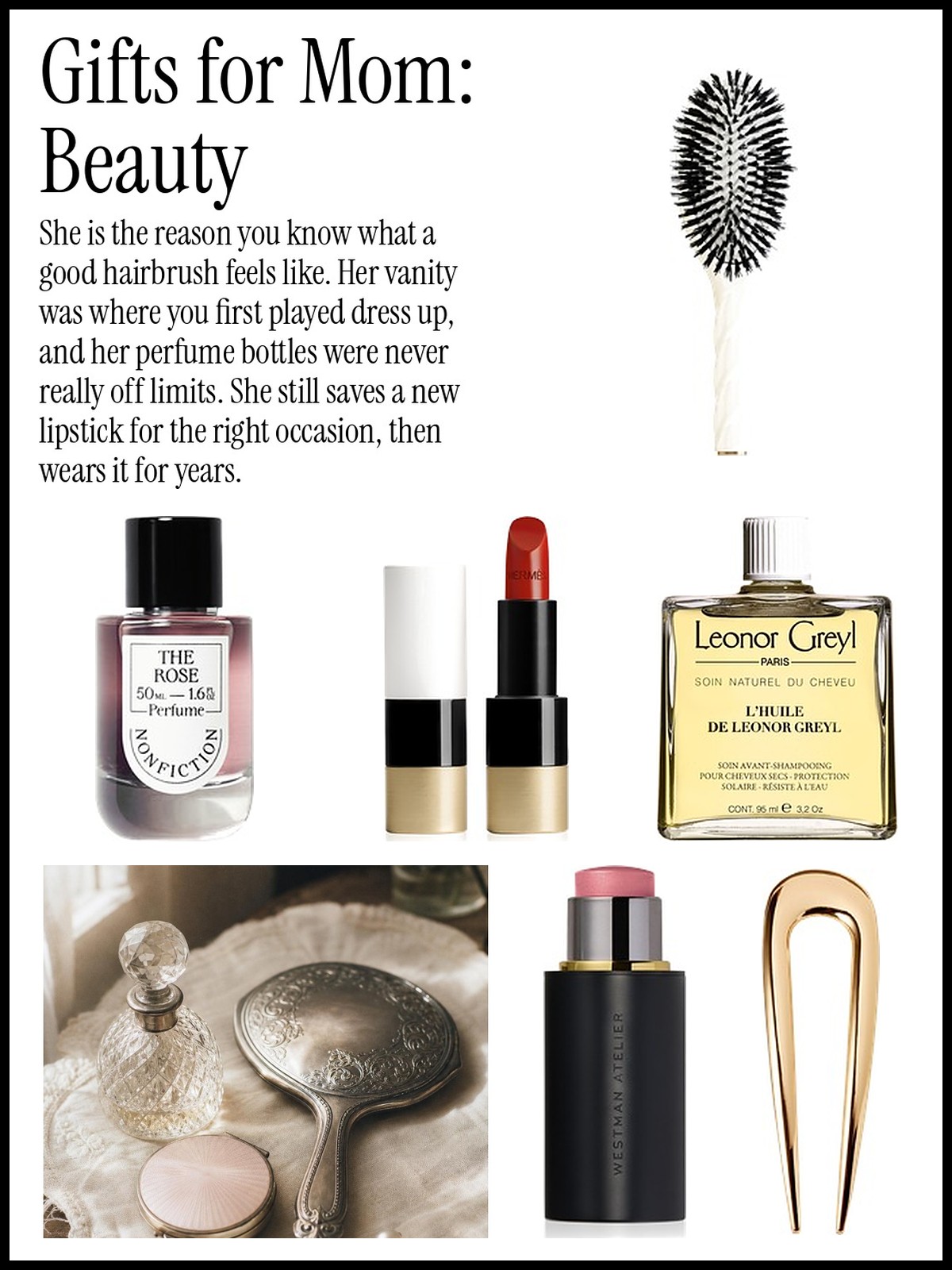 Gifts for Mom: Beauty collage of hairbrushes, blush, lipstick, hand cream and rose perfume