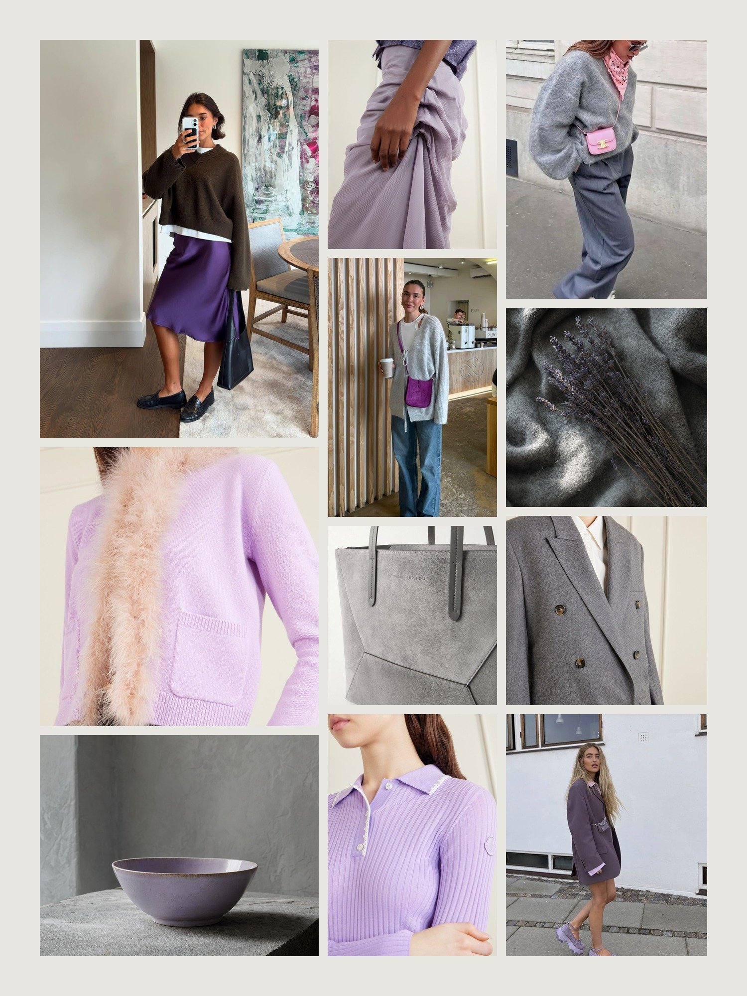 Mood board for lavender and gray outfits: four street-style photos of women wearing lavender and gray, close-ups of the Valentino Garavani wool cardigan, the Pauline Dujancourt midi skirt, the Brunello Cucinelli suede tote, the Moncler polo shirt and the Stella McCartney wool blazer from this edit, and two still lifes in both colors