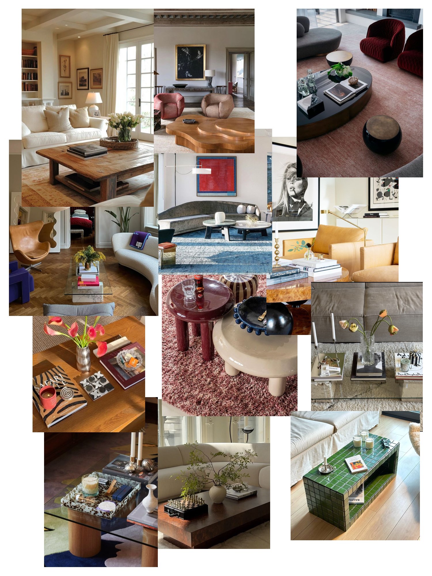 Street-style collage of 12 outfit photos featuring coffee table, scattered and overlapping
