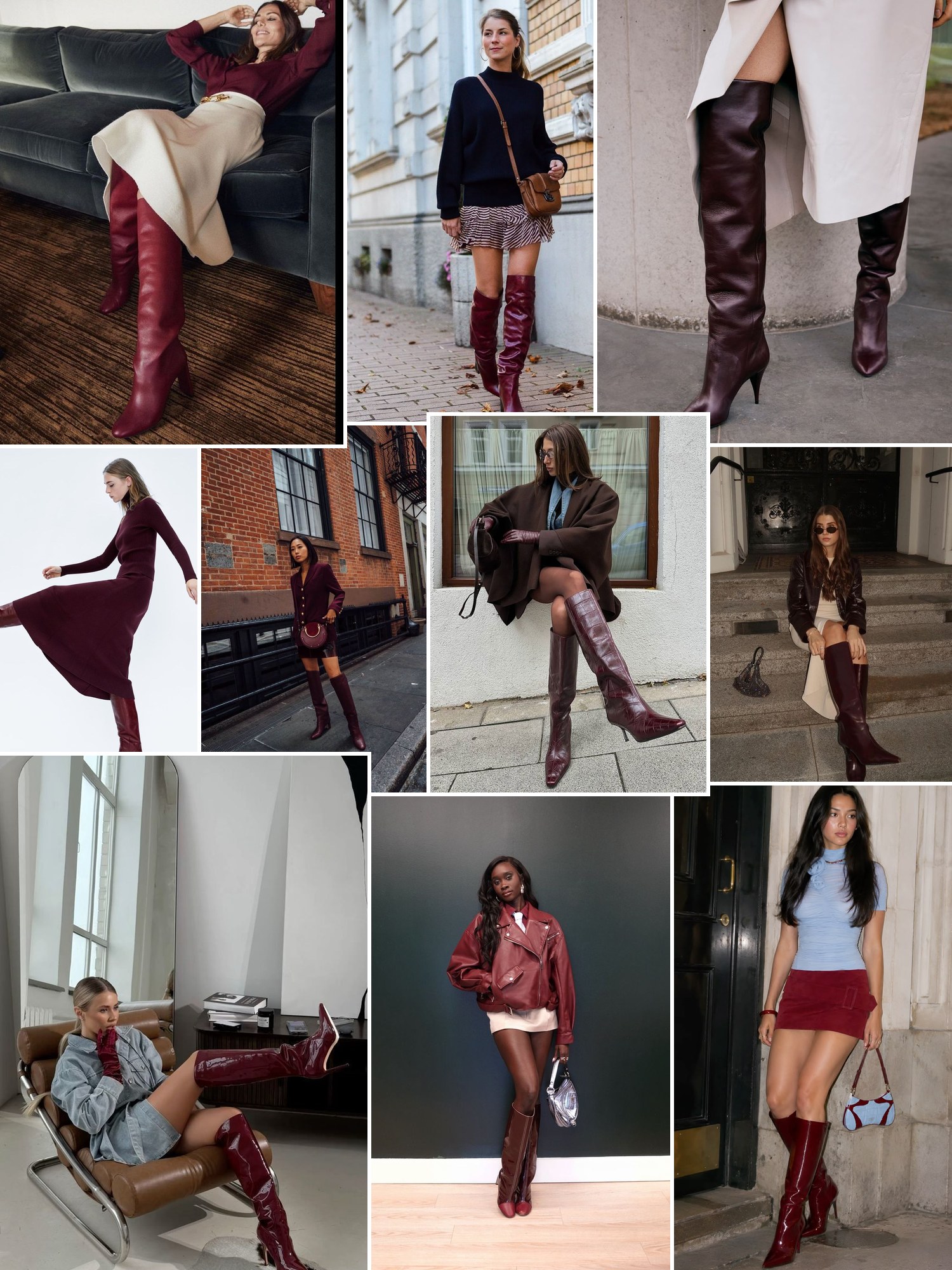 Collage of everyday outfits built around Burgundy boots