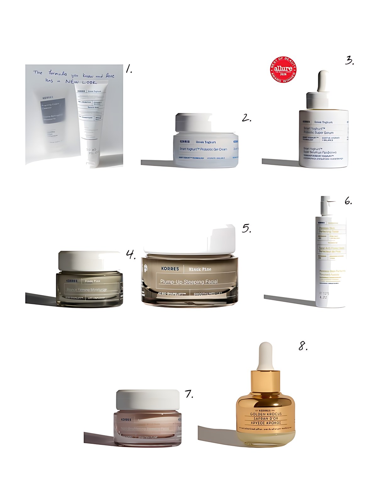 Numbered collage: 1. Korres Greek Yoghurt Probiotic Foaming Cream Cleanser; 2. Korres Greek Yoghurt Probiotic Gel-Cream; 3. Korres Greek Yoghurt Probiotic Super Serum; 4. Korres Black Pine Bounce Firming Moisturizer; 5. Korres Black Pine Plump-Up Sleeping Facial; 6. Korres Santorini Grape Poreless Skin Perfecting Toner; 7. Korres Apothecary Wild Rose Brightening Sleeping Facial; 8. Korres Golden Krocus Ageless Saffron Elixir