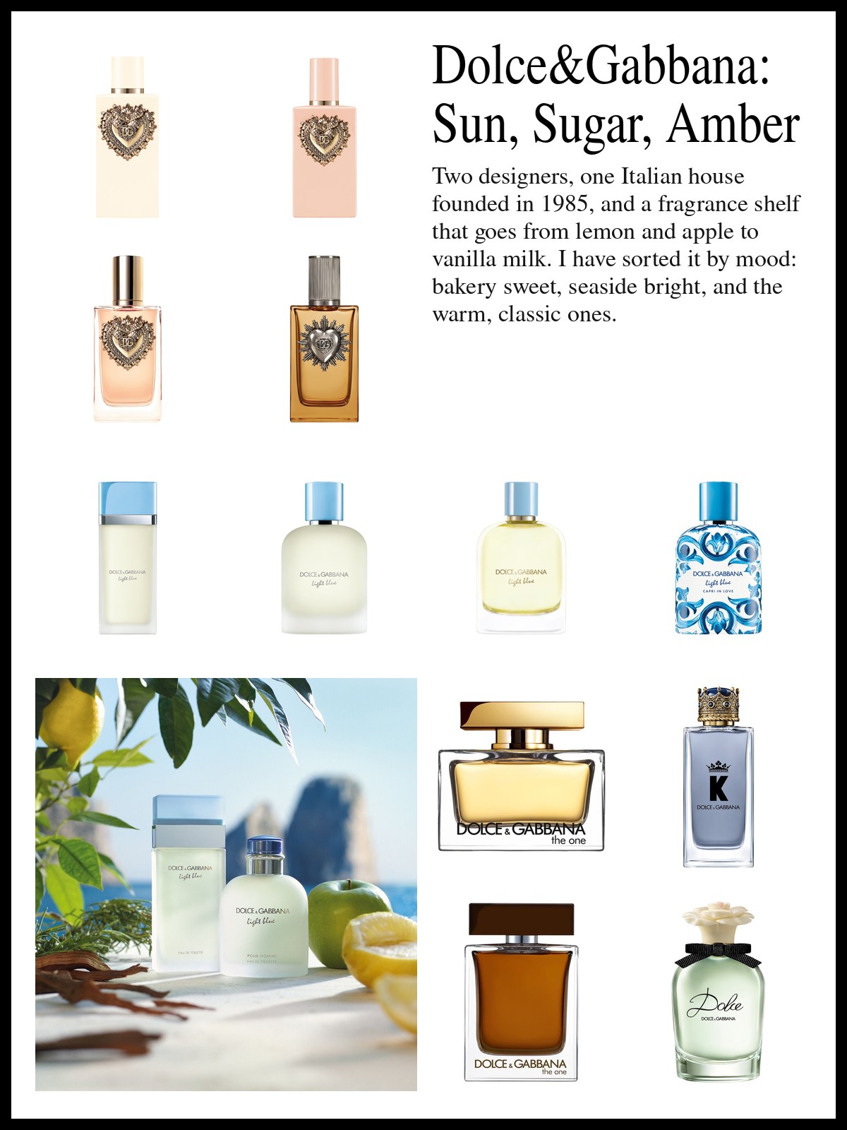 Collage of Dolce&Gabbana Devotion, Light Blue and The One perfume bottles beside a soft, sunlit still life and a mood photo of Light Blue bottles with lemons by the sea.