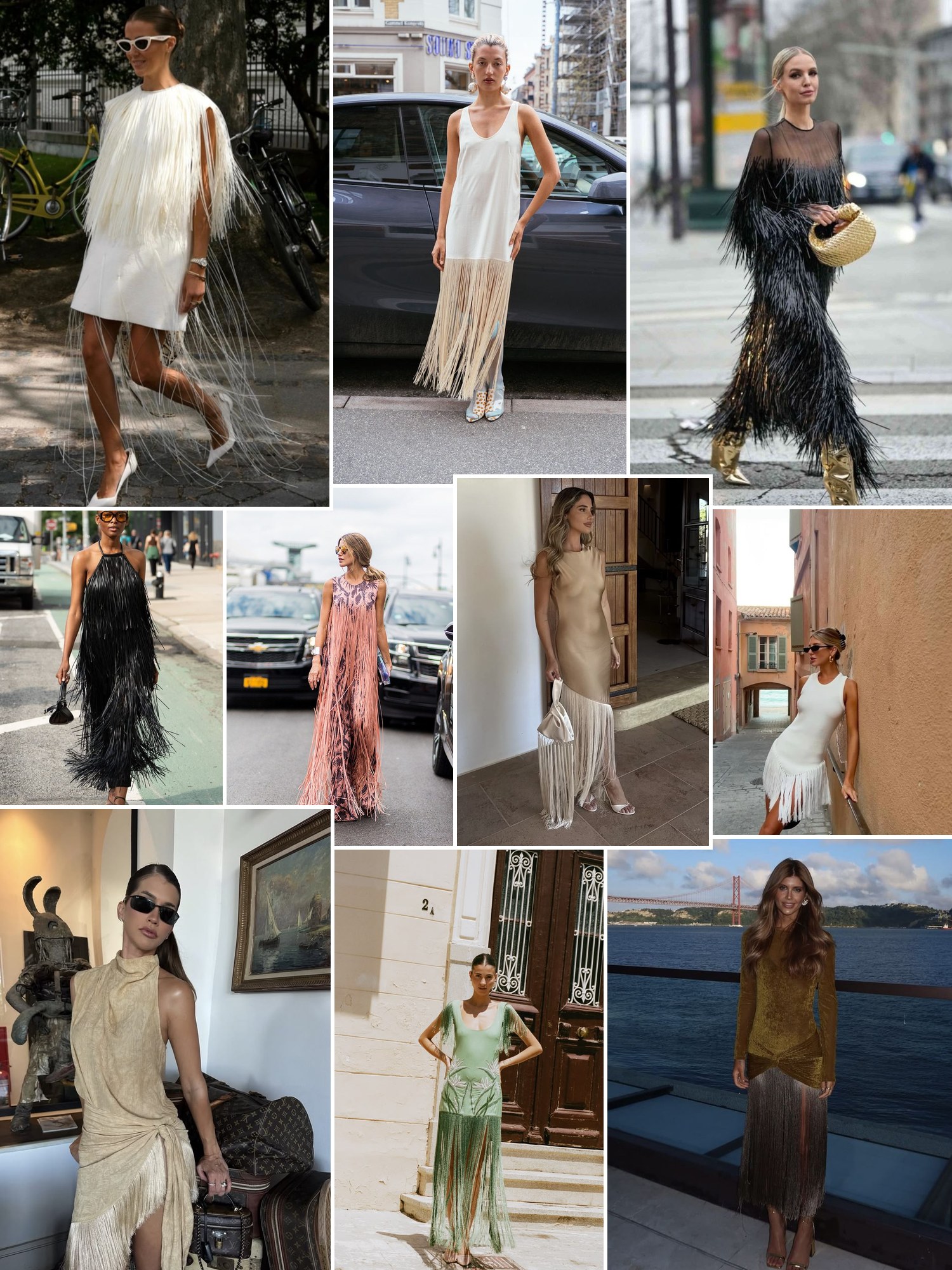 Street style collage of women in fringe dresses and fringe tops