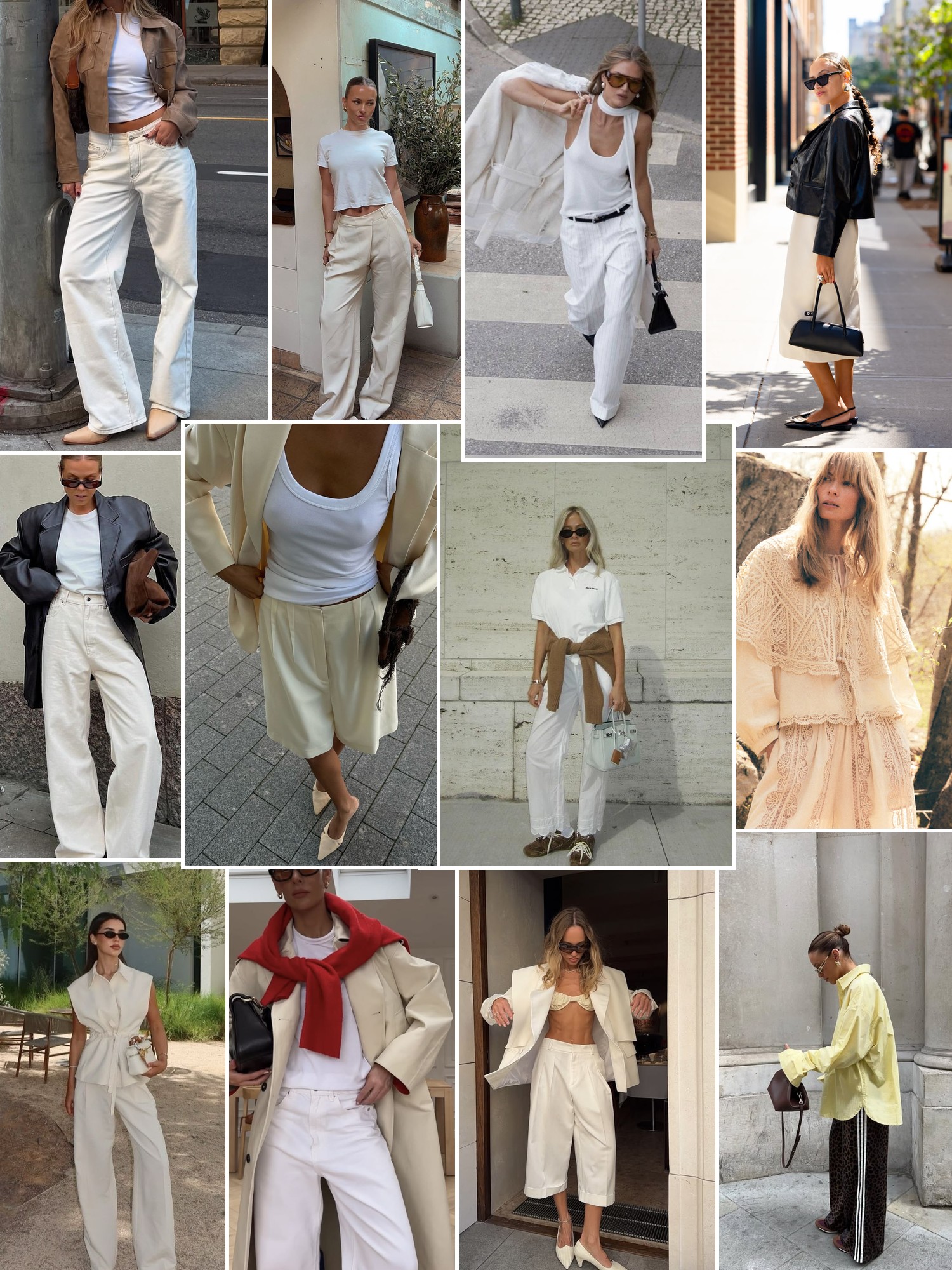 Collage of crisp white streetwear, oversized tailoring and relaxed city looks in layered silhouettes.