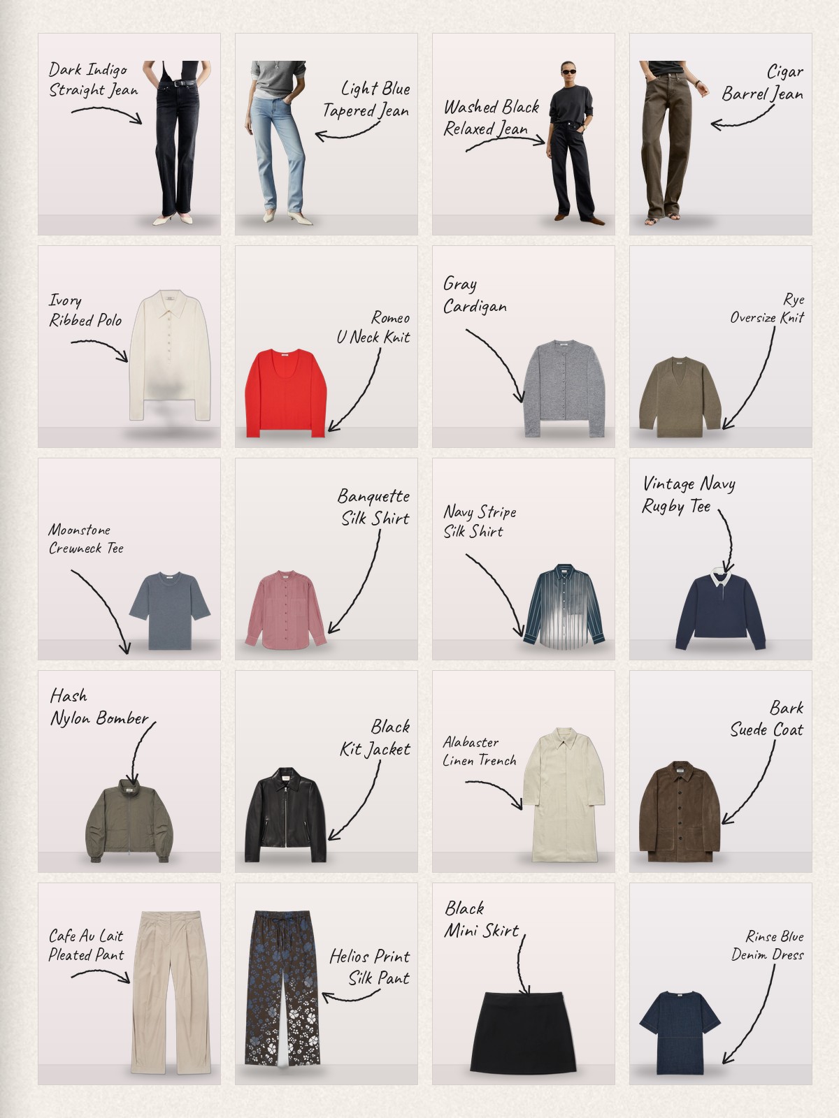 Collage: twenty AYR products with handwritten labels
