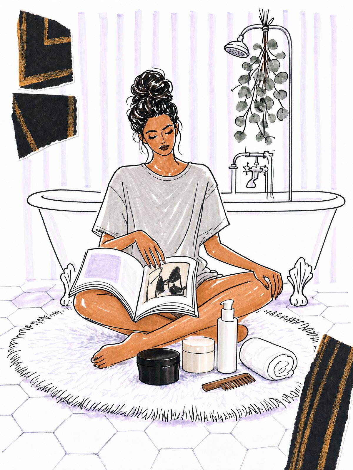 Illustration of a woman in an oversized gray t-shirt sitting cross-legged on a round bathroom rug with her hair up in a mask, flipping through a magazine beside three hair mask jars and a wooden comb