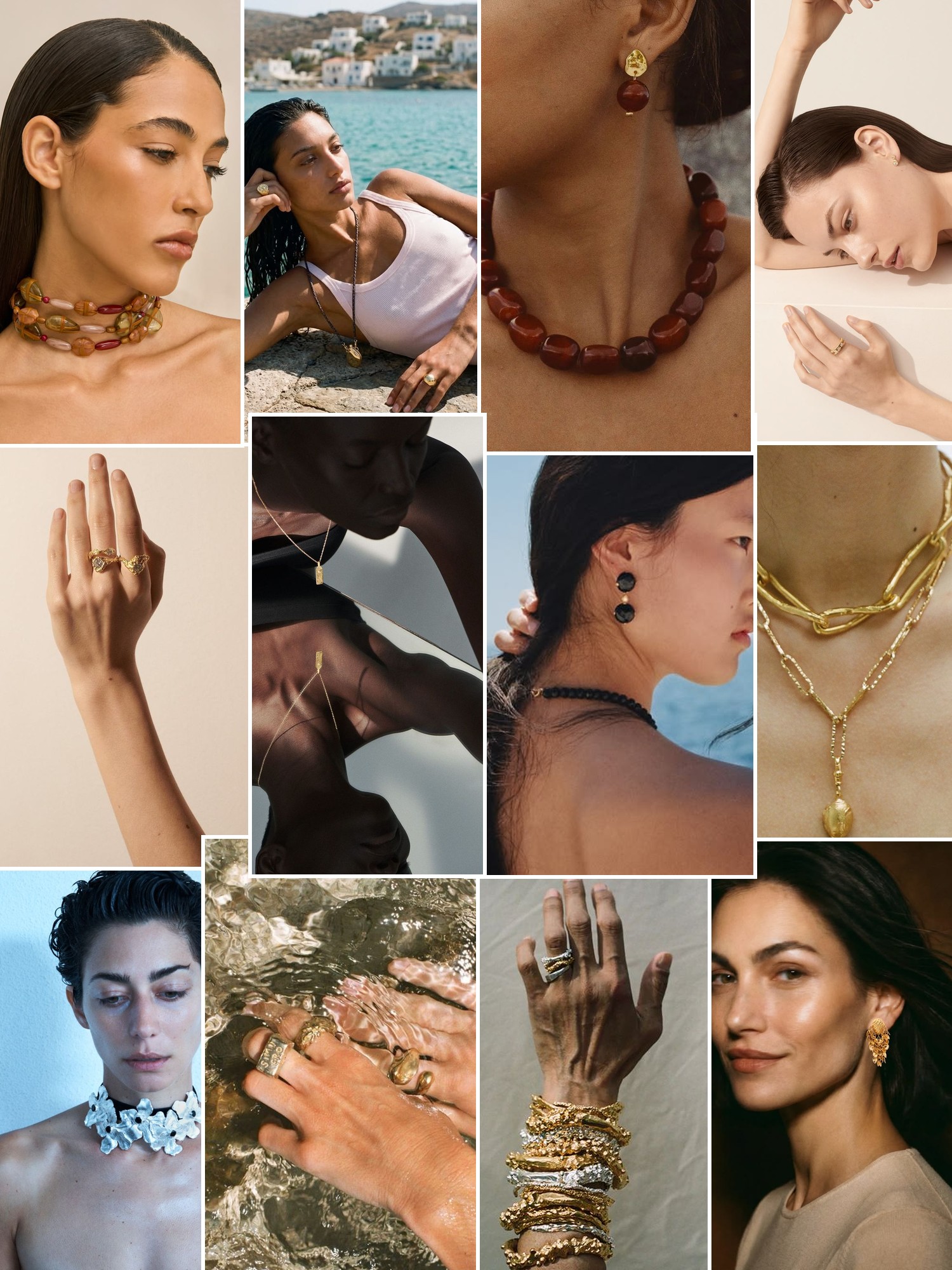 Collage of rings, earrings and layered necklaces worn up close, in the spirit of ELHANATI